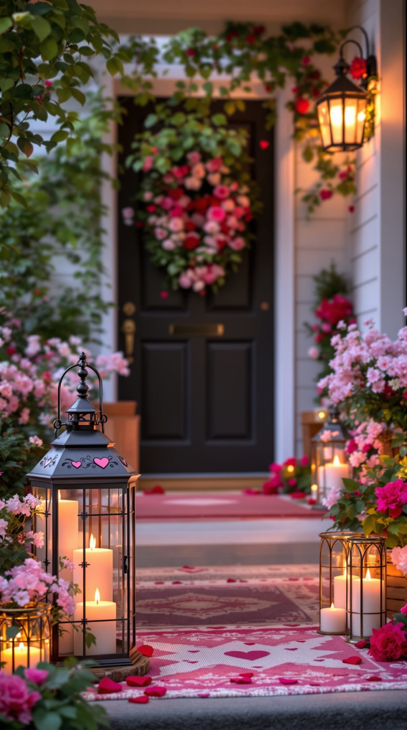 A cozy porch decorated for Valentine's Day with metal lanterns, candle holders, and vibrant flowers.