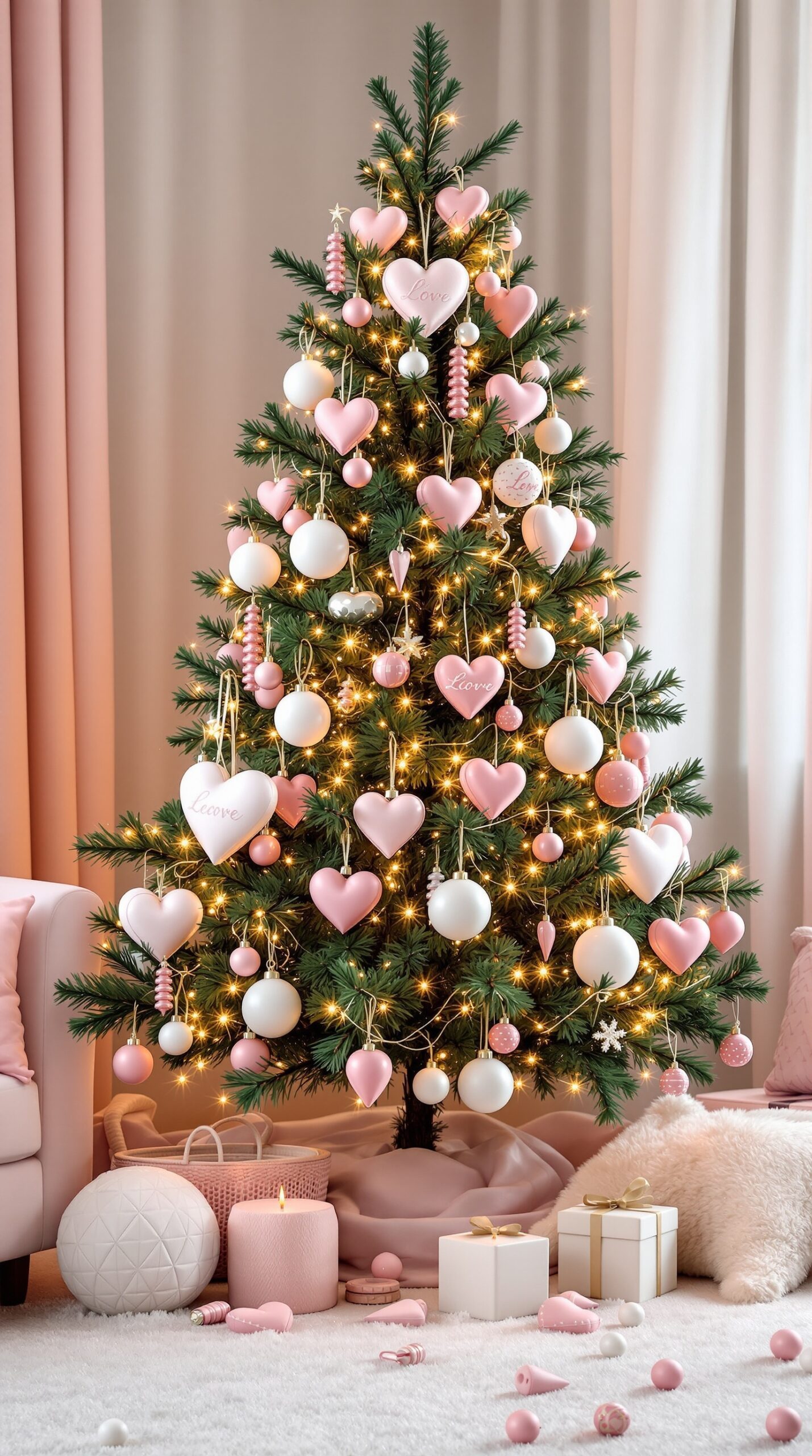 A beautifully decorated Valentine's Day tree with white and pink ornaments, including heart shapes and twinkling lights.