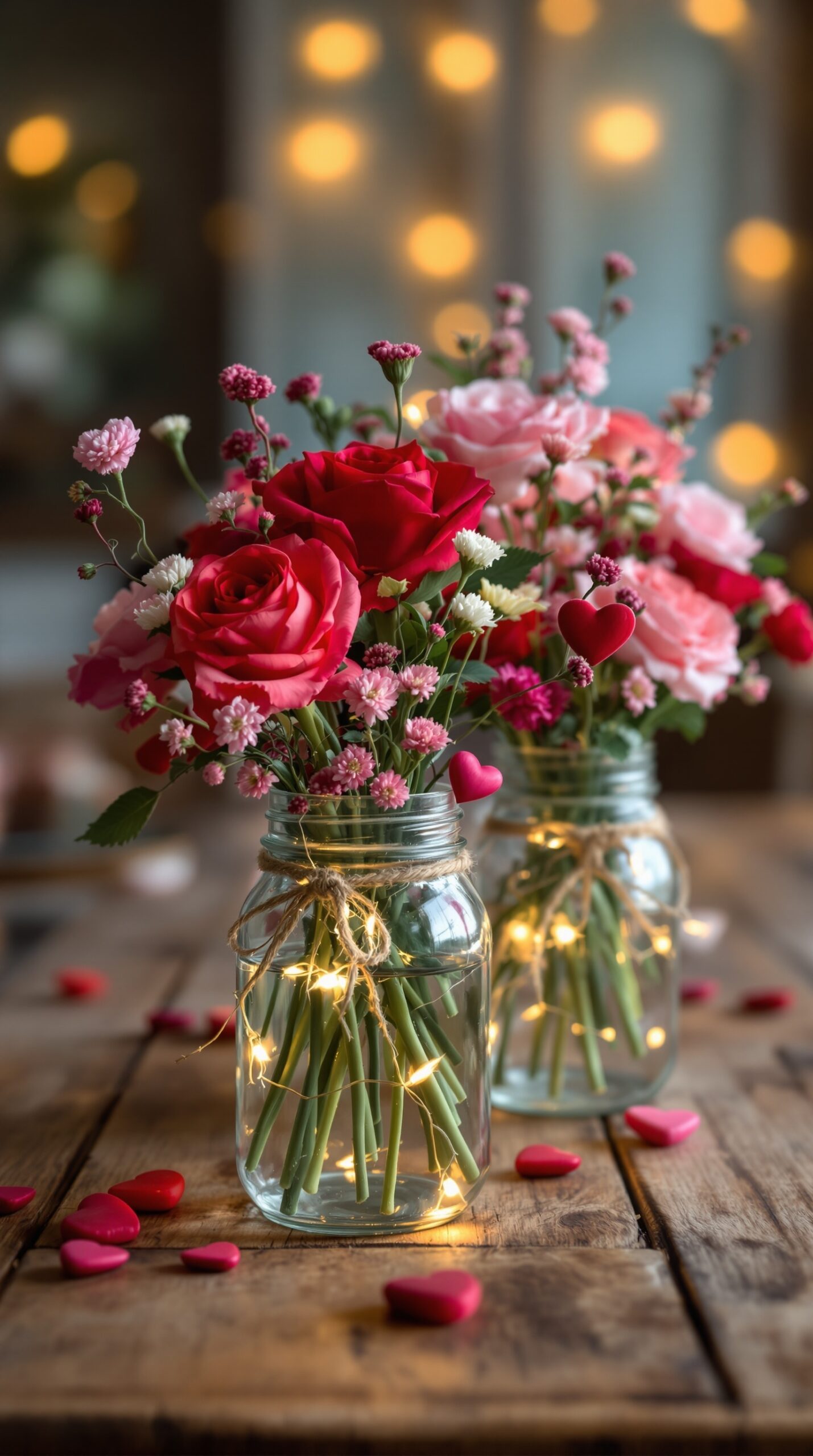 Mason jars filled with flowers and fairy lights for Valentine's Day decor