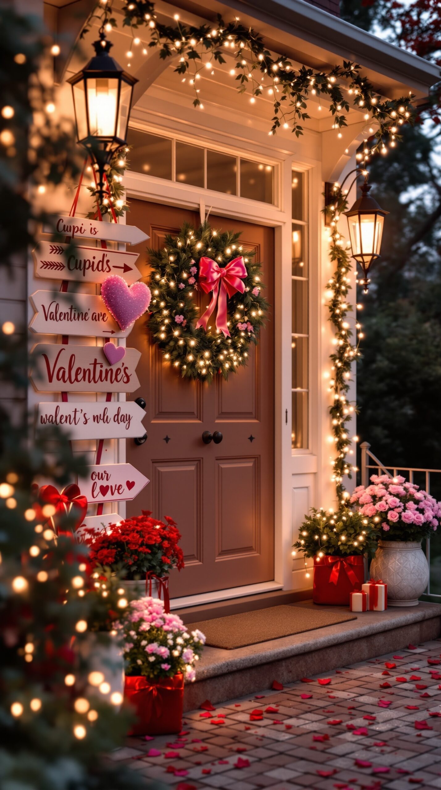 Decorative Cupid's arrow signs on a Valentine's Day porch with flowers and lights.