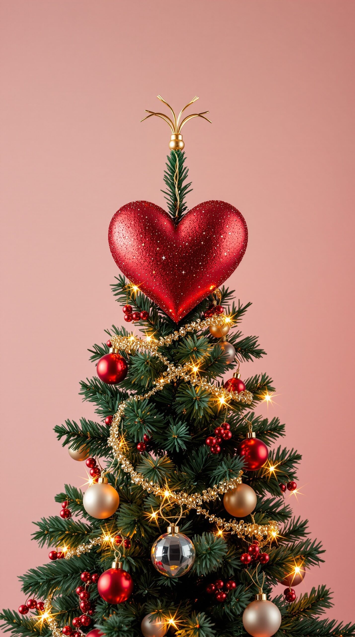 A heart-shaped red tree topper on a decorated Valentine's Day tree with gold and red ornaments.