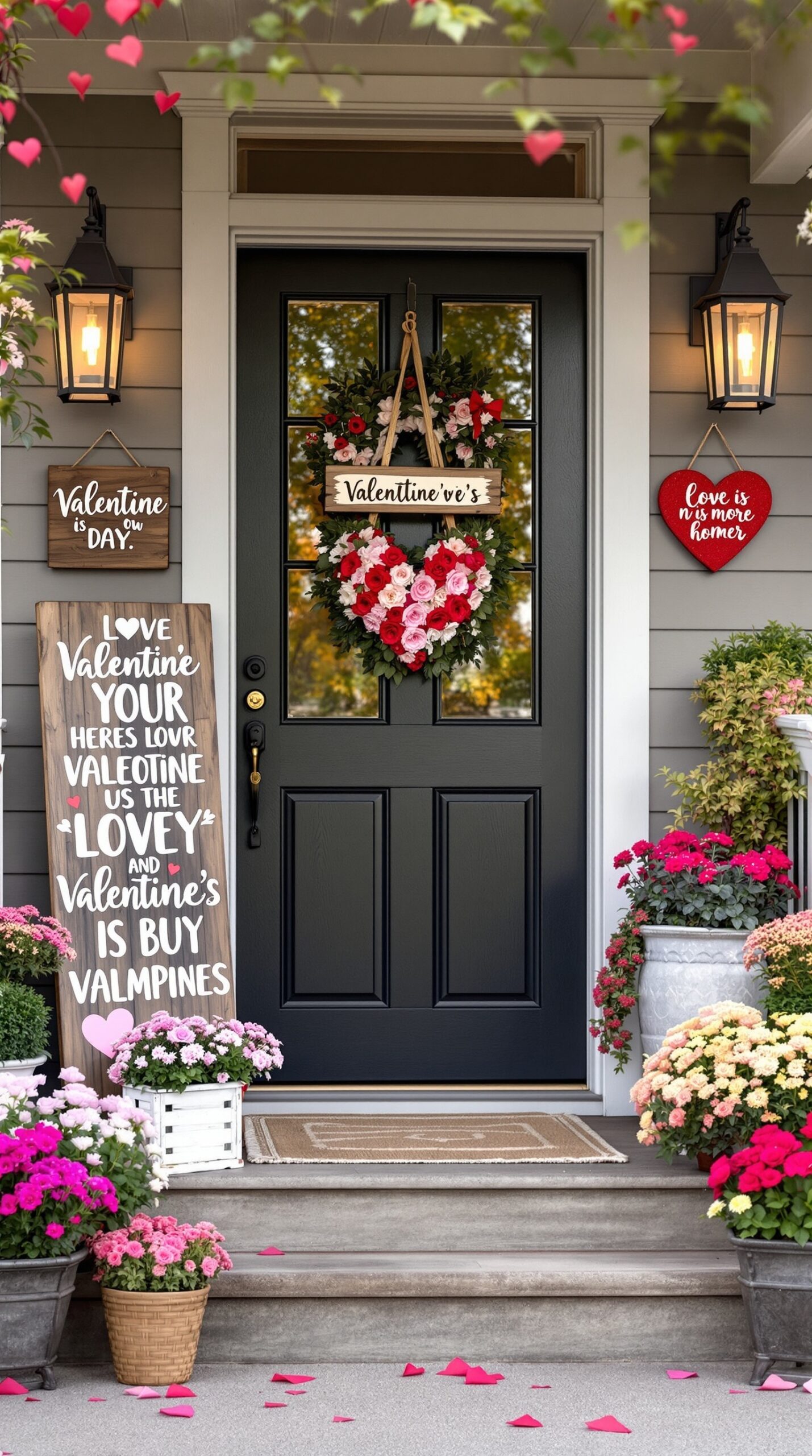 A beautifully decorated porch for Valentine's Day featuring wooden signs, a heart-shaped wreath, and colorful flowers.