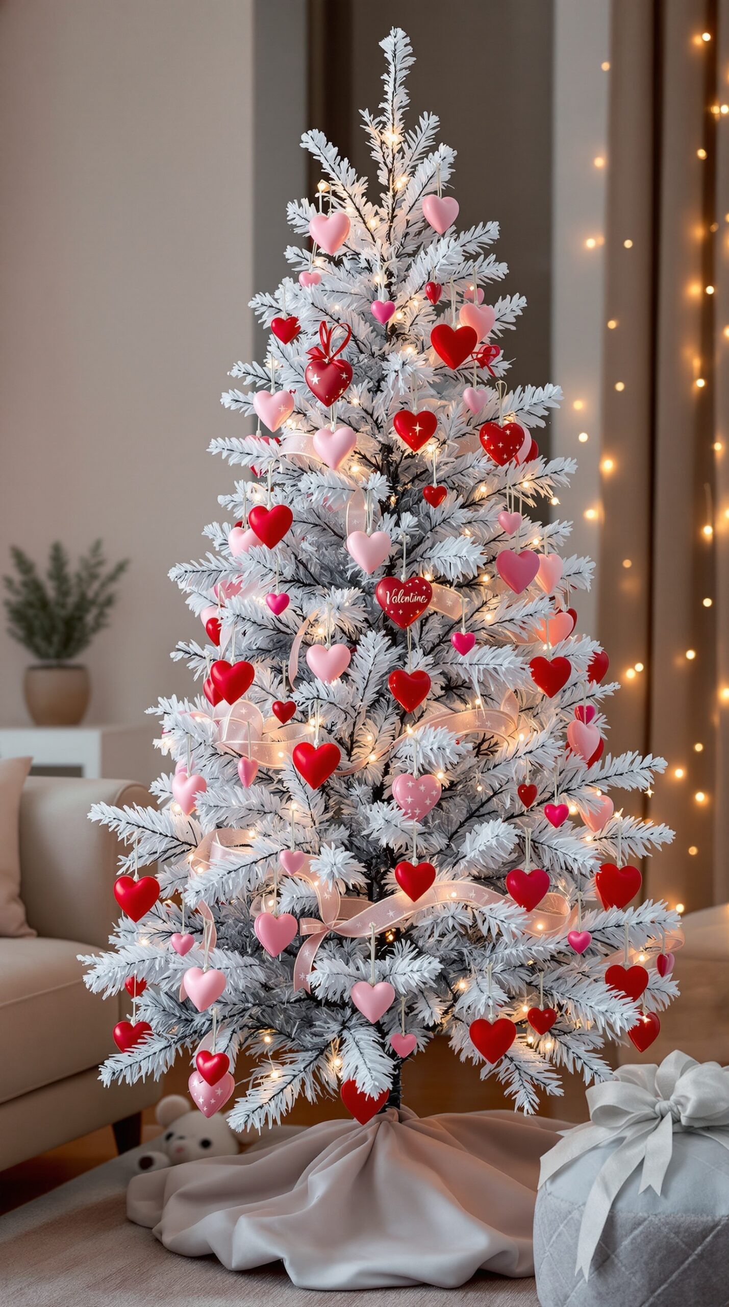 A flocked white Christmas tree decorated with red and pink heart ornaments, fairy lights, and a soft tree skirt.