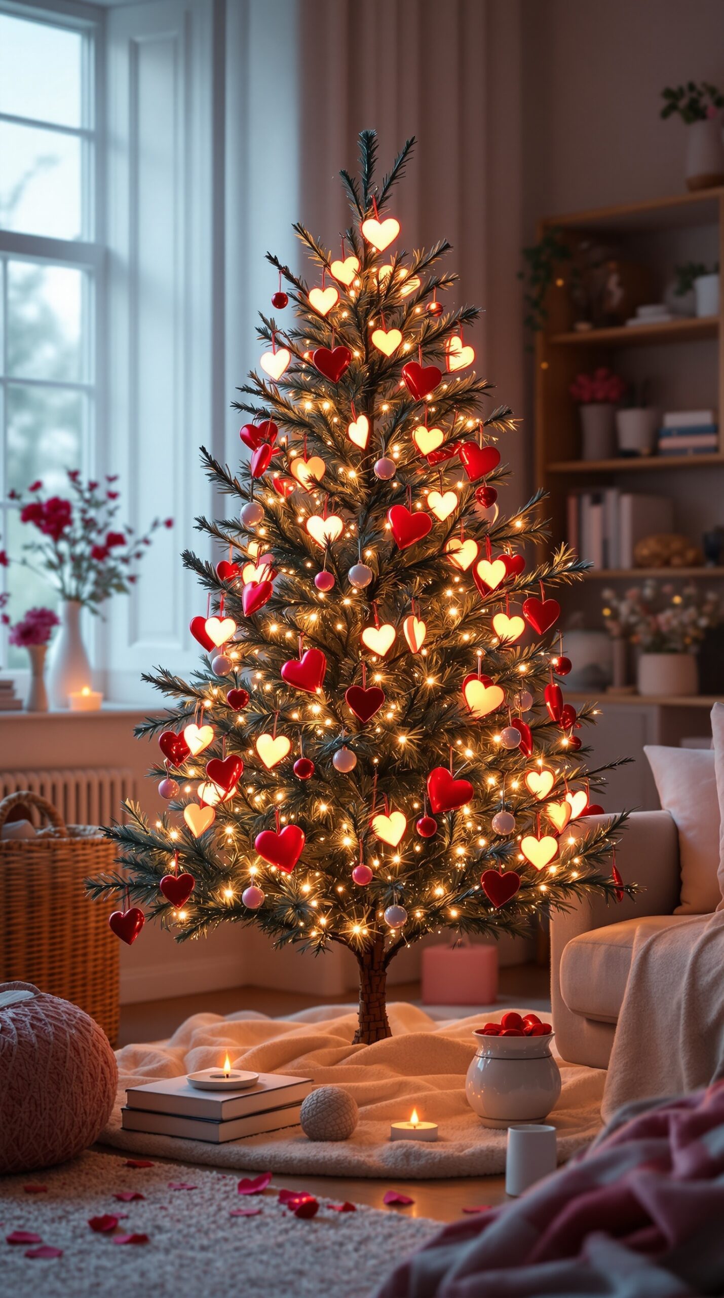 A beautifully decorated Valentine's Day tree with heart-shaped lights and ornaments.