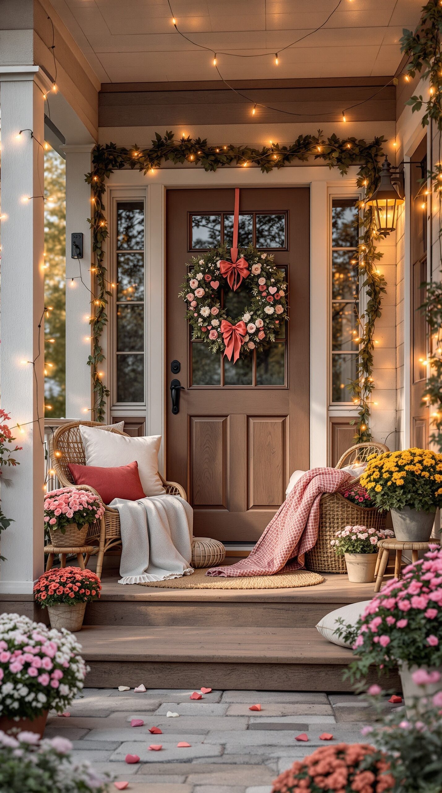A rustic Valentine's Day porch decor featuring a wreath, cozy seating, and colorful flowers.