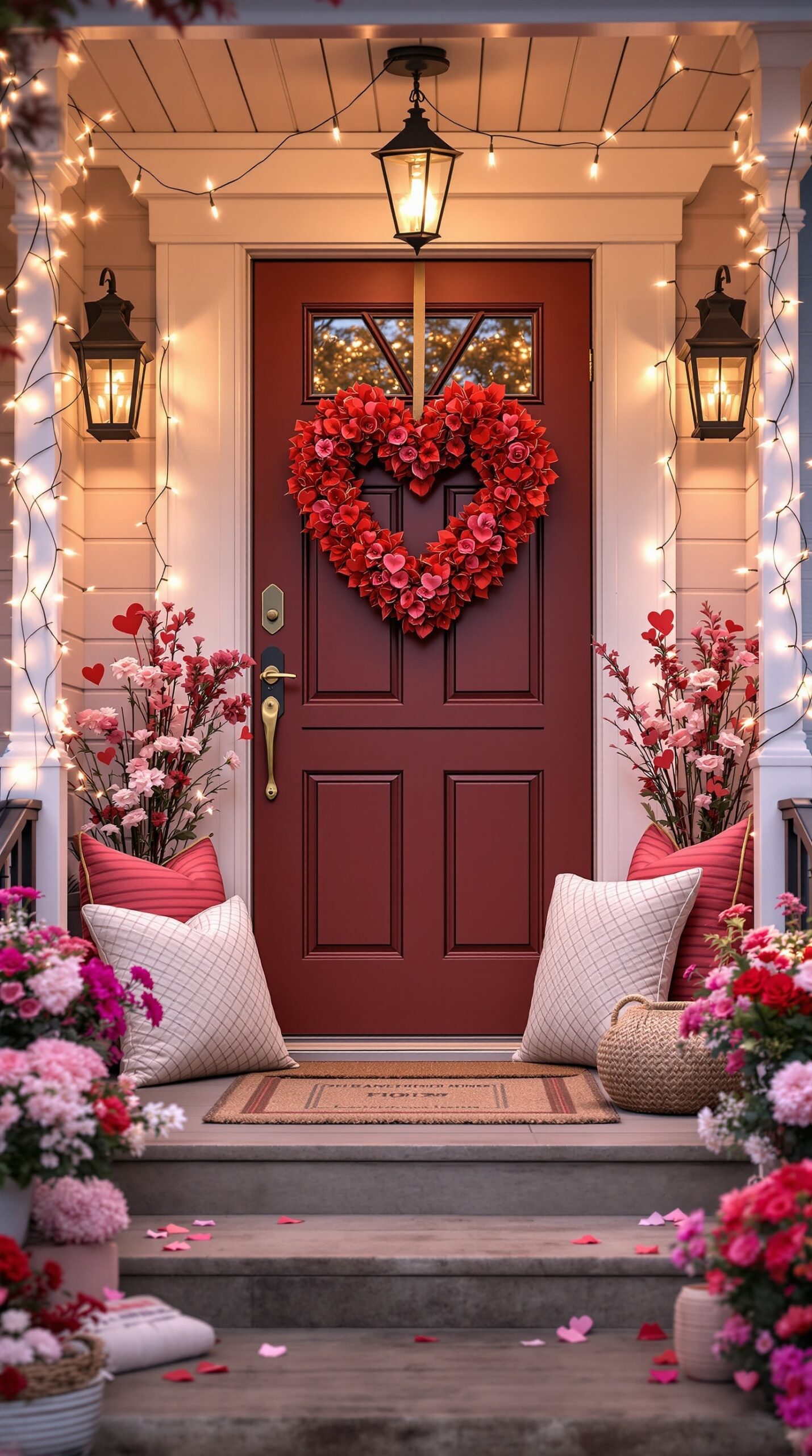 A beautifully decorated front porch for Valentine's Day featuring a red door with a heart-shaped wreath, potted flowers, and string lights.