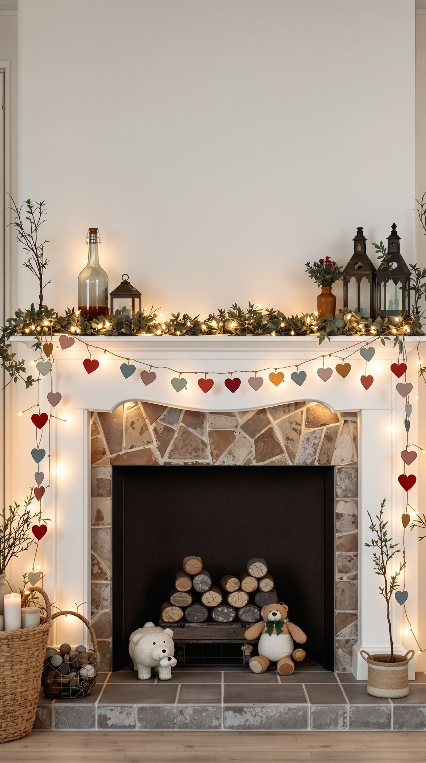 A cozy fireplace decorated with a beaded heart garland, twinkling lights, and rustic decor.