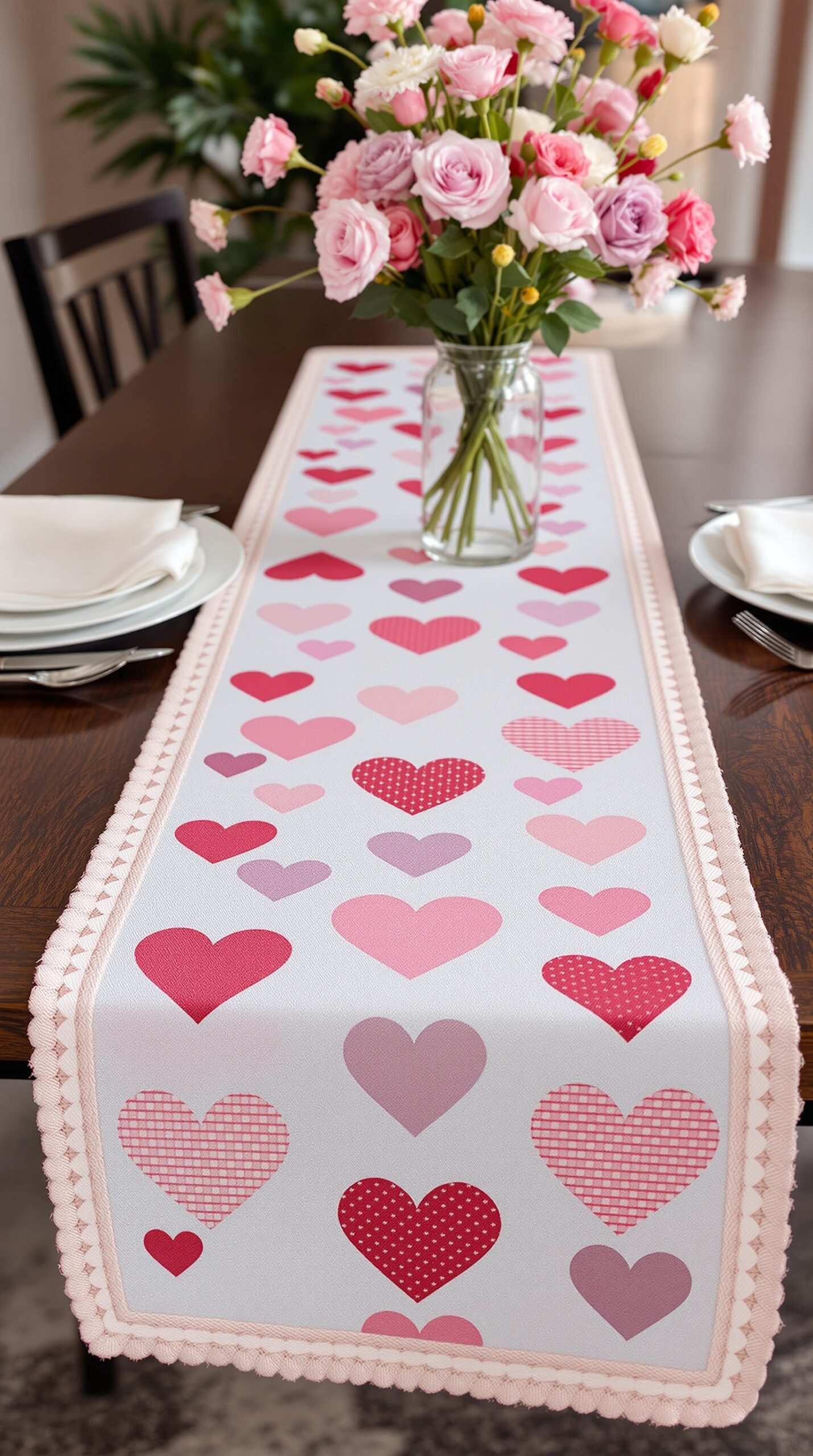 A table set with a colorful heart-patterned table runner and a vase of pink flowers.