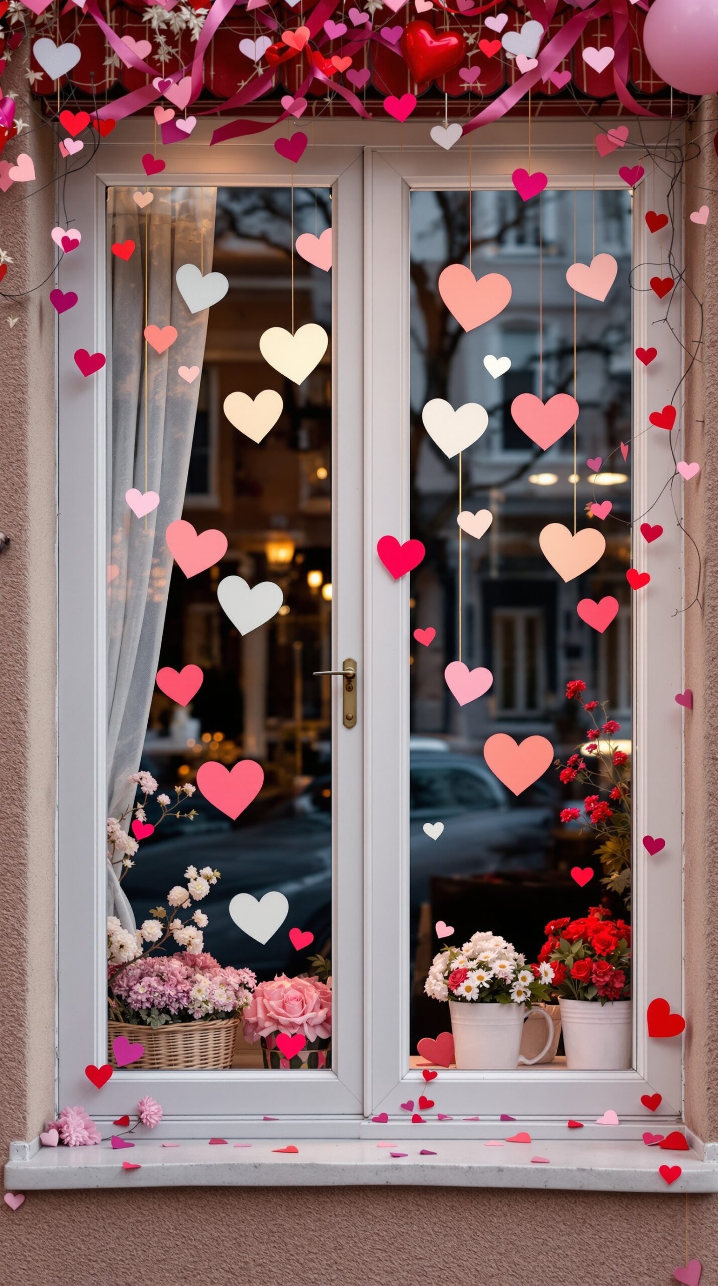 A window display decorated with colorful paper hearts and flowers for Valentine's Day.