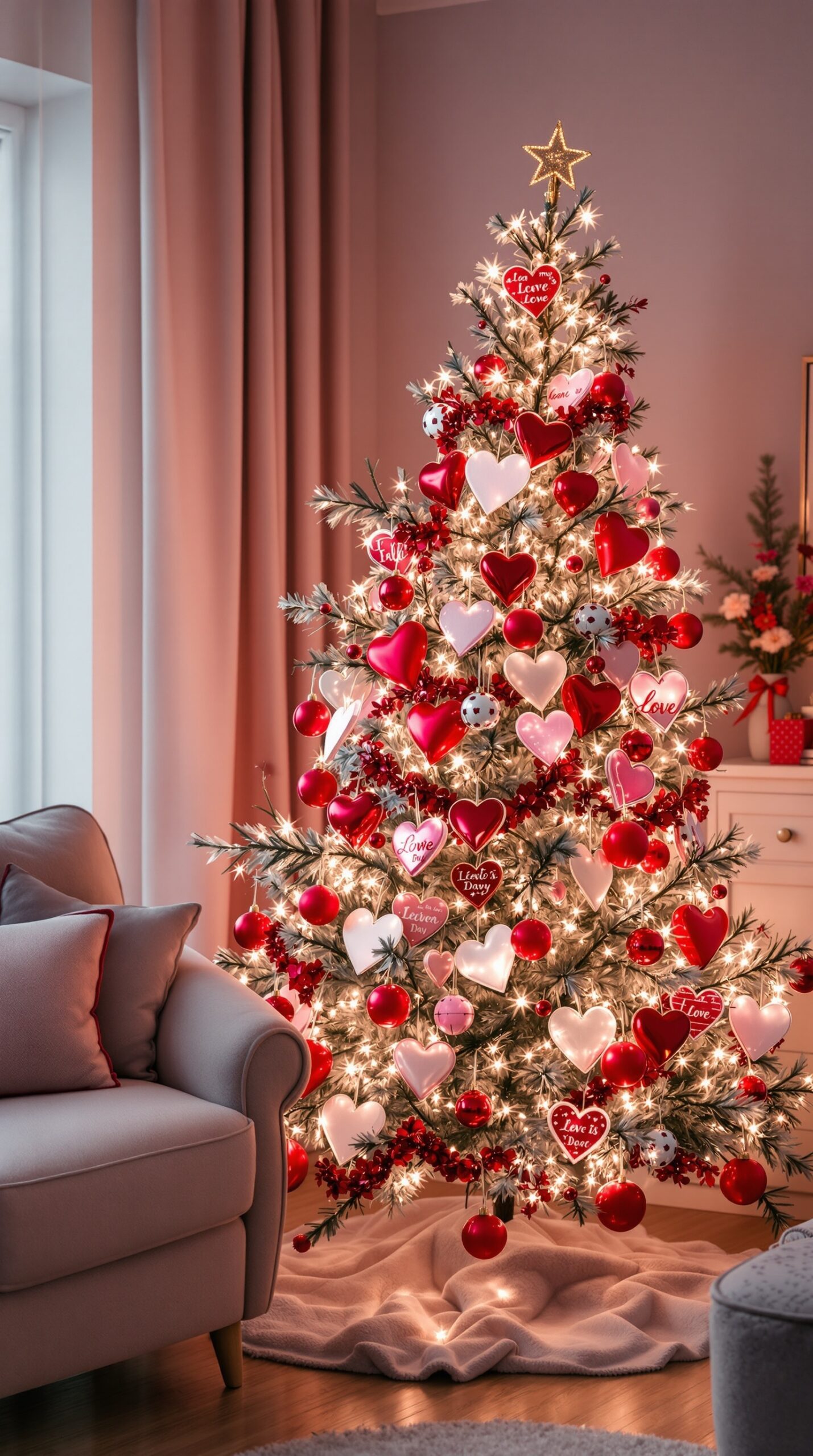 A beautifully decorated Valentine's Day tree with red and pink heart ornaments, twinkling lights, and a star on top.