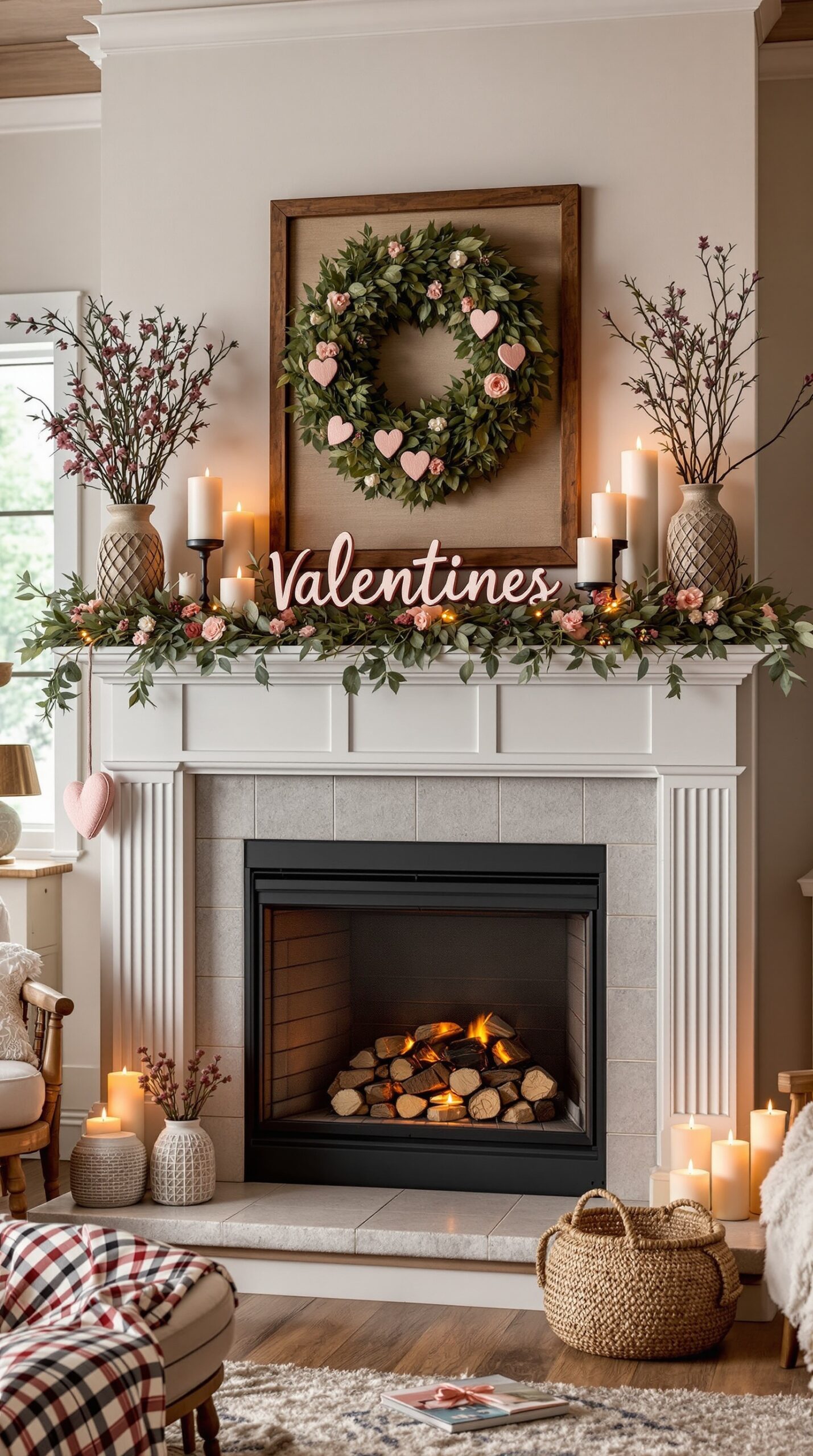 A beautifully decorated fireplace for Valentine's Day with a wreath, candles, and floral accents.