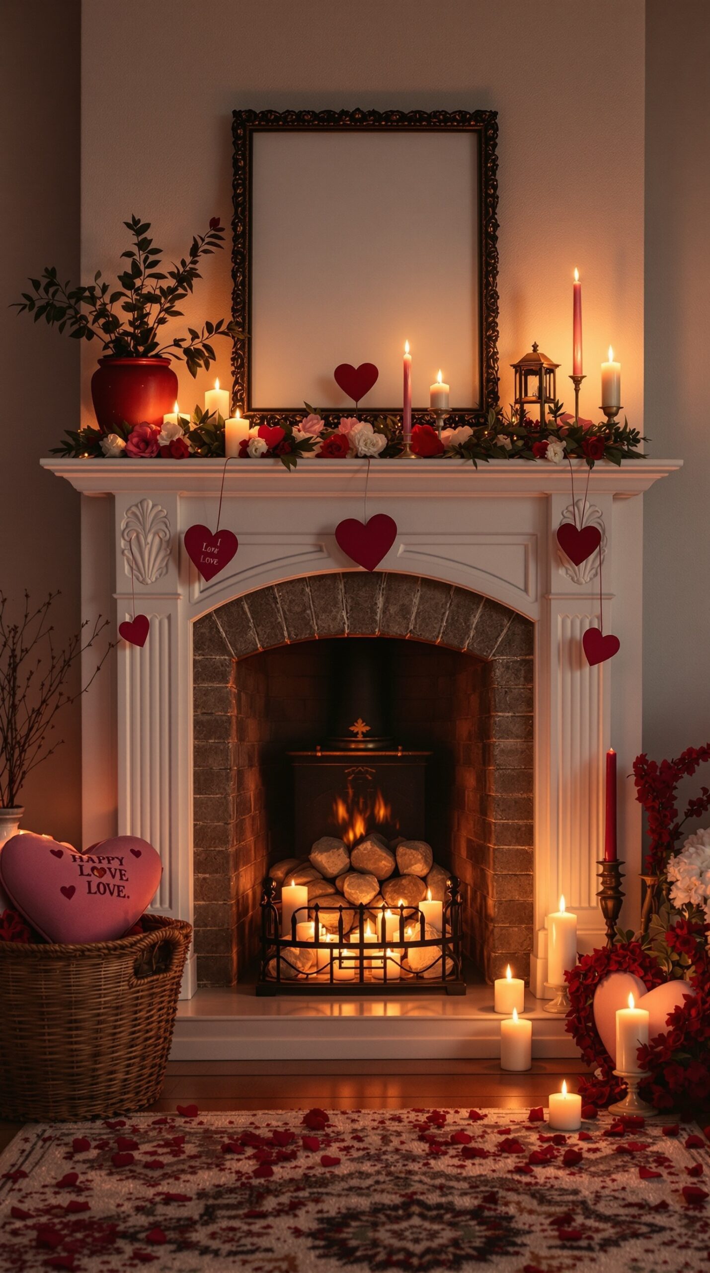 A romantic fireplace setup decorated for Valentine's Day with candles, flowers, and heart-shaped ornaments.