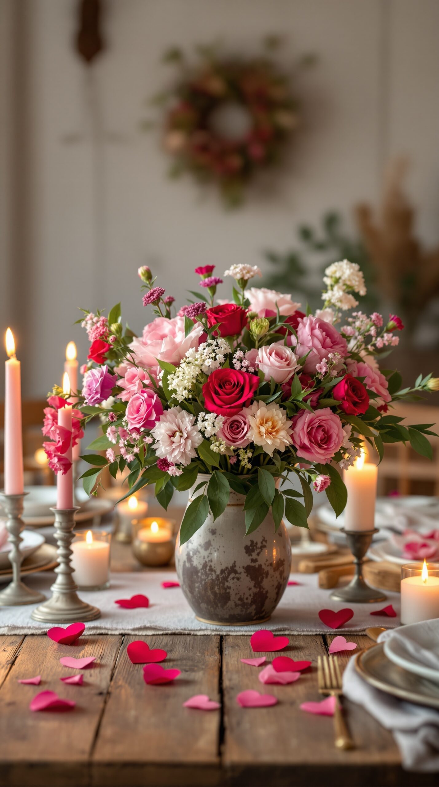 A beautiful bouquet of pink and red flowers in a vintage vase, surrounded by candles and heart-shaped confetti on a rustic wooden table.