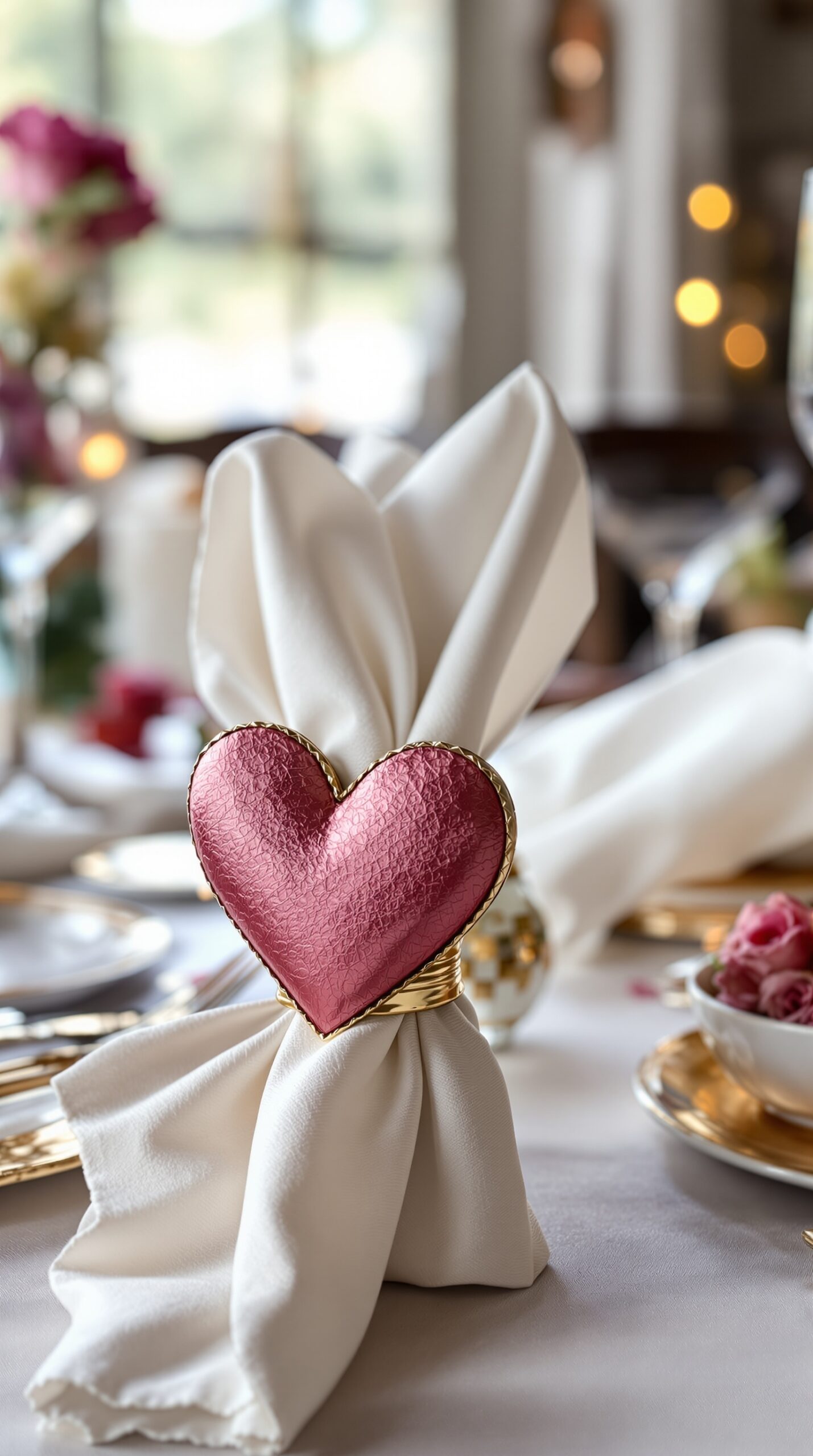 Heart-shaped napkin holder with a white napkin, set on a beautifully arranged table.