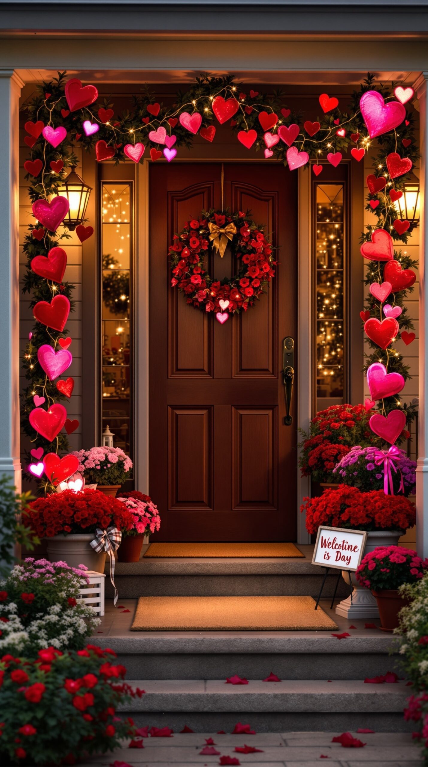 A beautifully decorated porch for Valentine's Day with hearts, flowers, and a welcoming sign.
