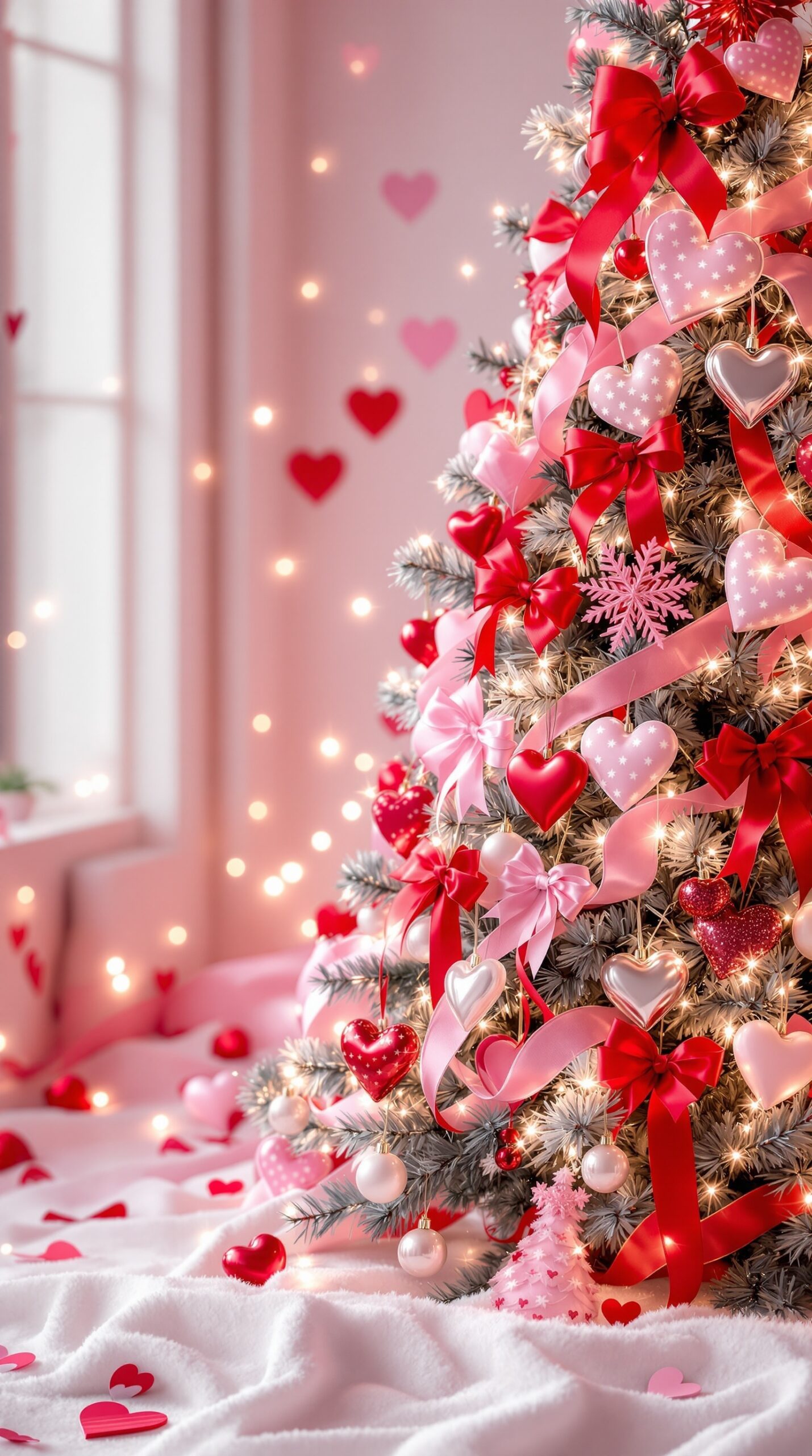 A beautifully decorated Valentine tree with red and pink ribbons, heart ornaments, and soft lighting.
