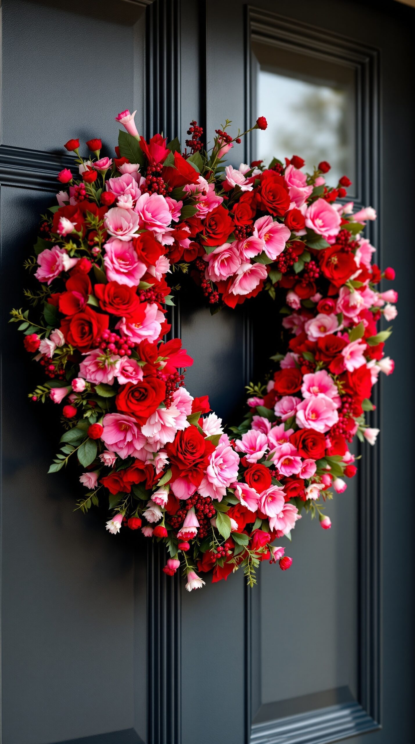 A vibrant Valentine's Day wreath made of red and pink flowers hanging on a dark front door.