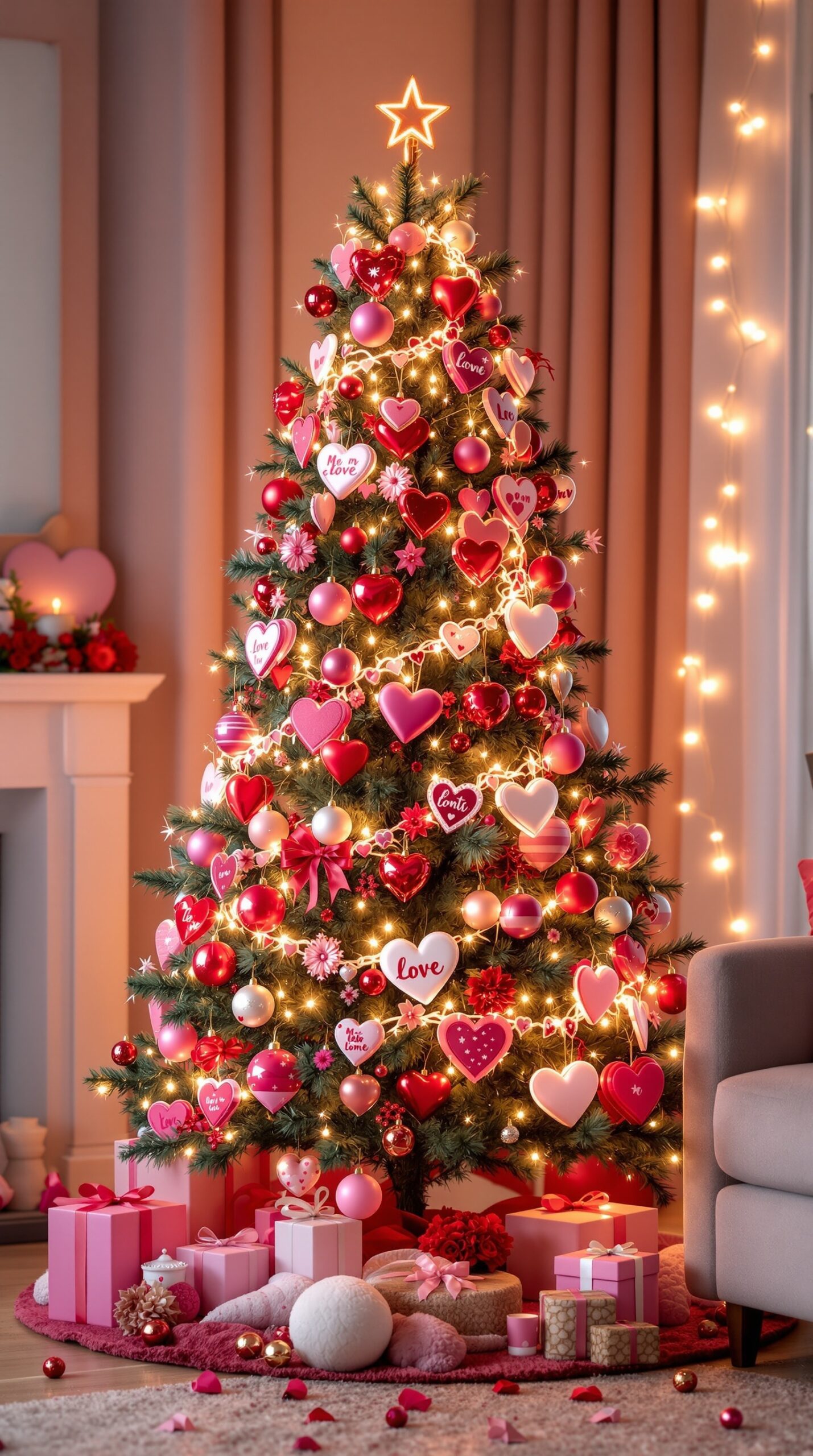 A beautifully decorated Valentine's Day tree with heart ornaments, pink and red colors, and twinkling lights.