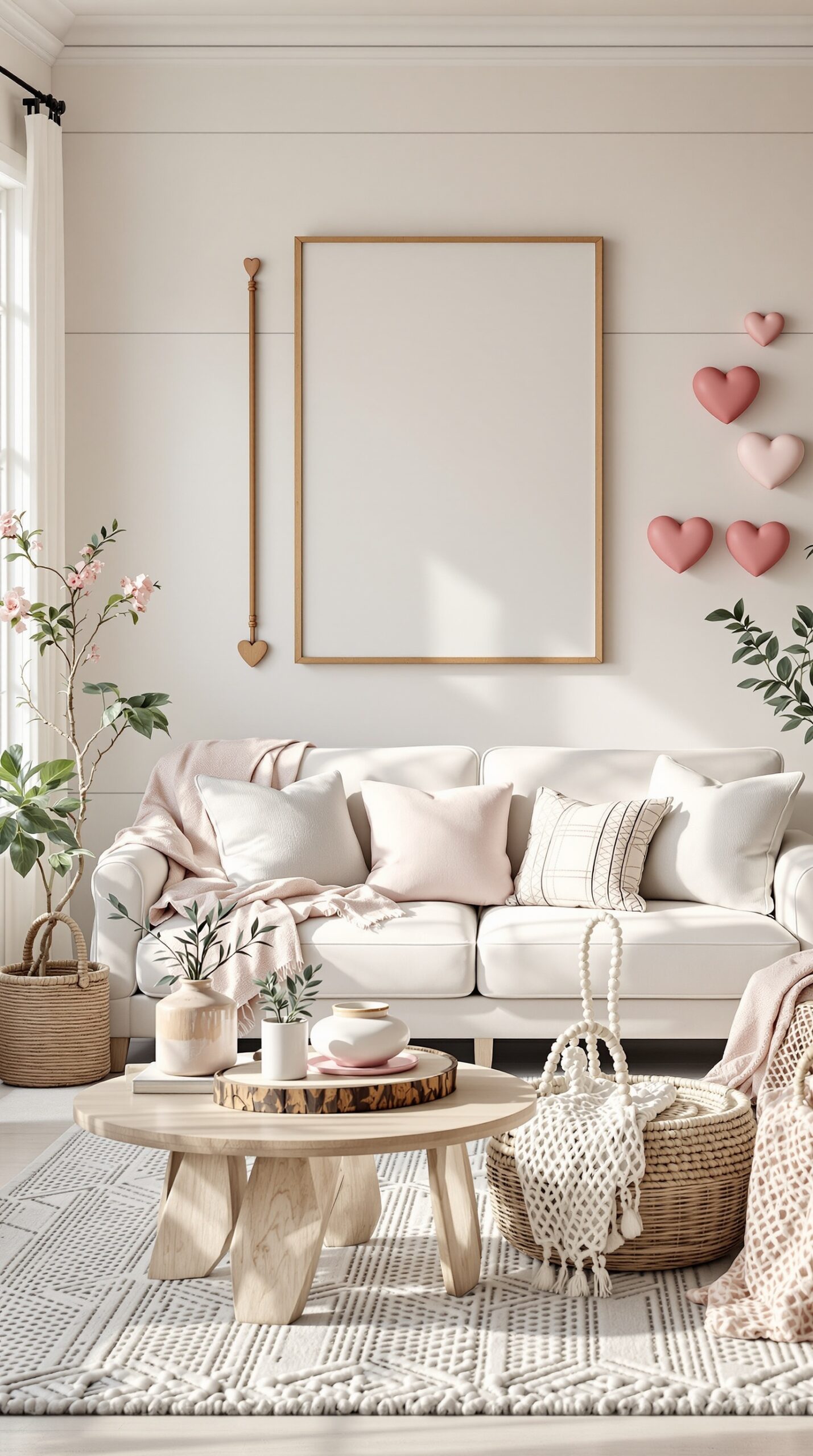 A cozy living room with neutral Valentine decor featuring a white sofa, pastel pillows, heart-shaped wall decorations, and natural elements.
