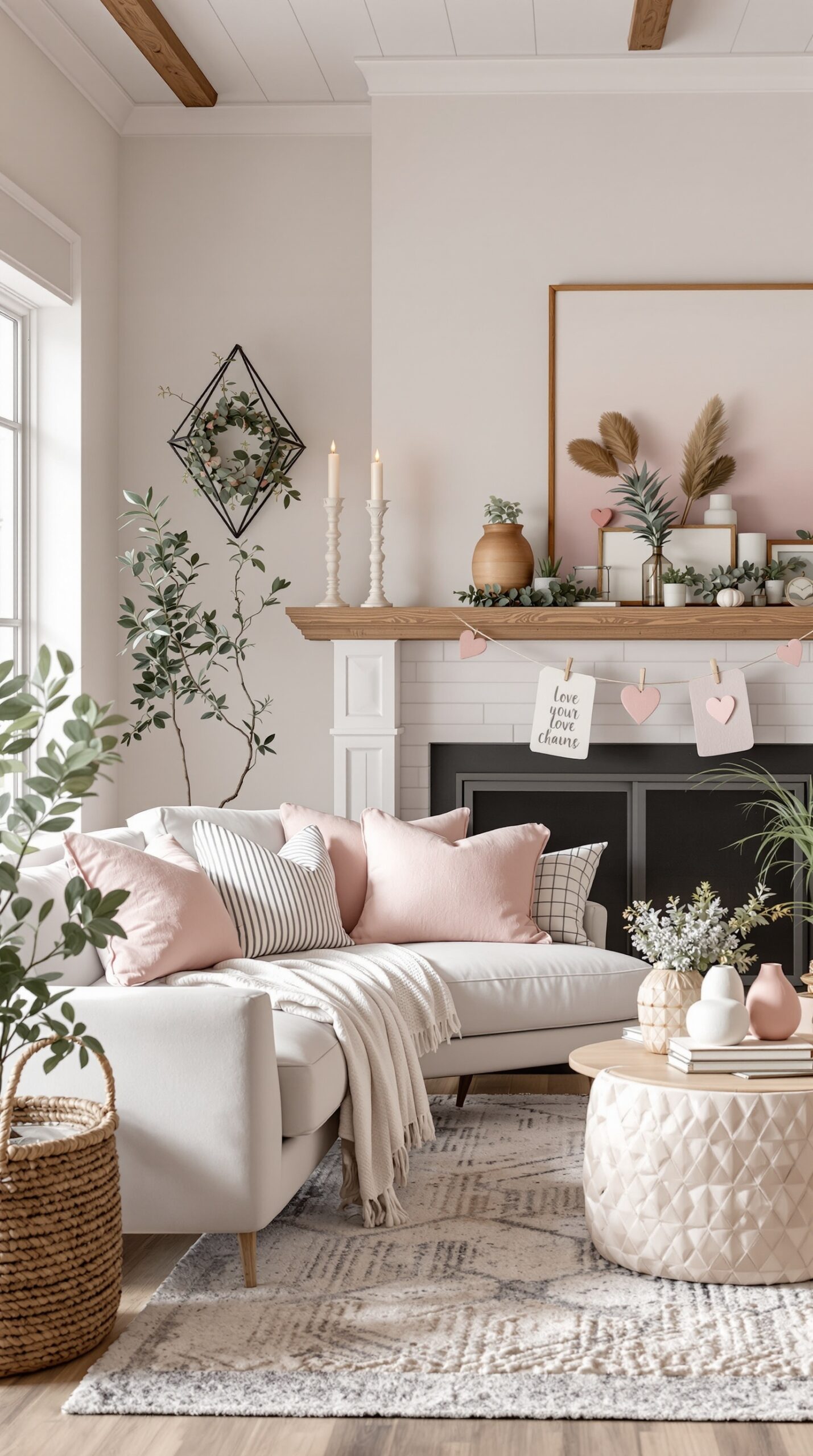 Cozy modern farmhouse living room decorated for Valentine's Day with pink pillows, heart garland, and natural elements.