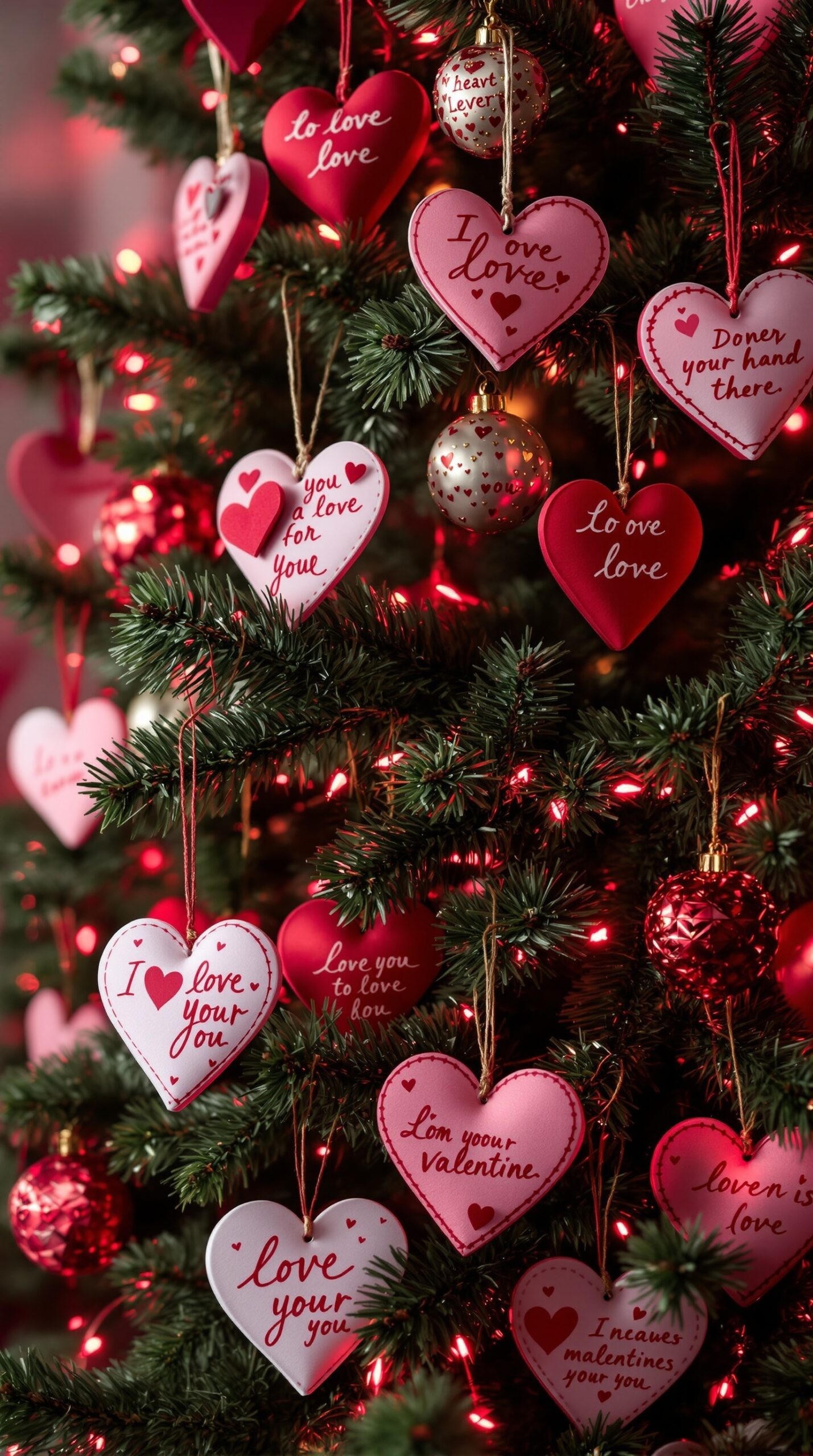 A Valentine's Day tree decorated with heart-shaped ornaments featuring love messages.