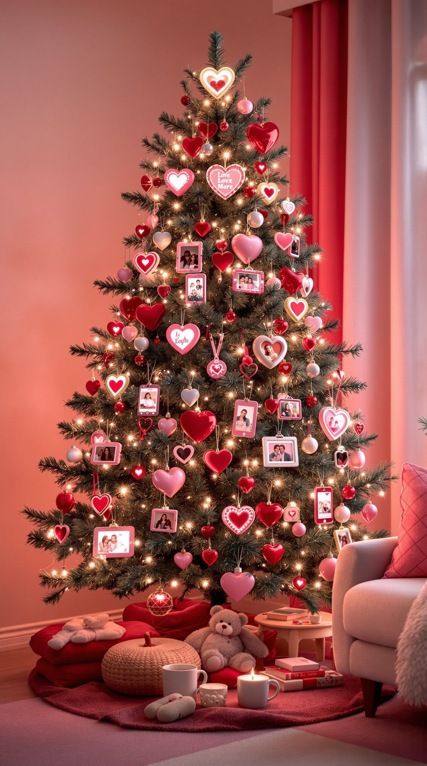 A beautifully decorated Valentine's Day tree with heart ornaments and personal photos.
