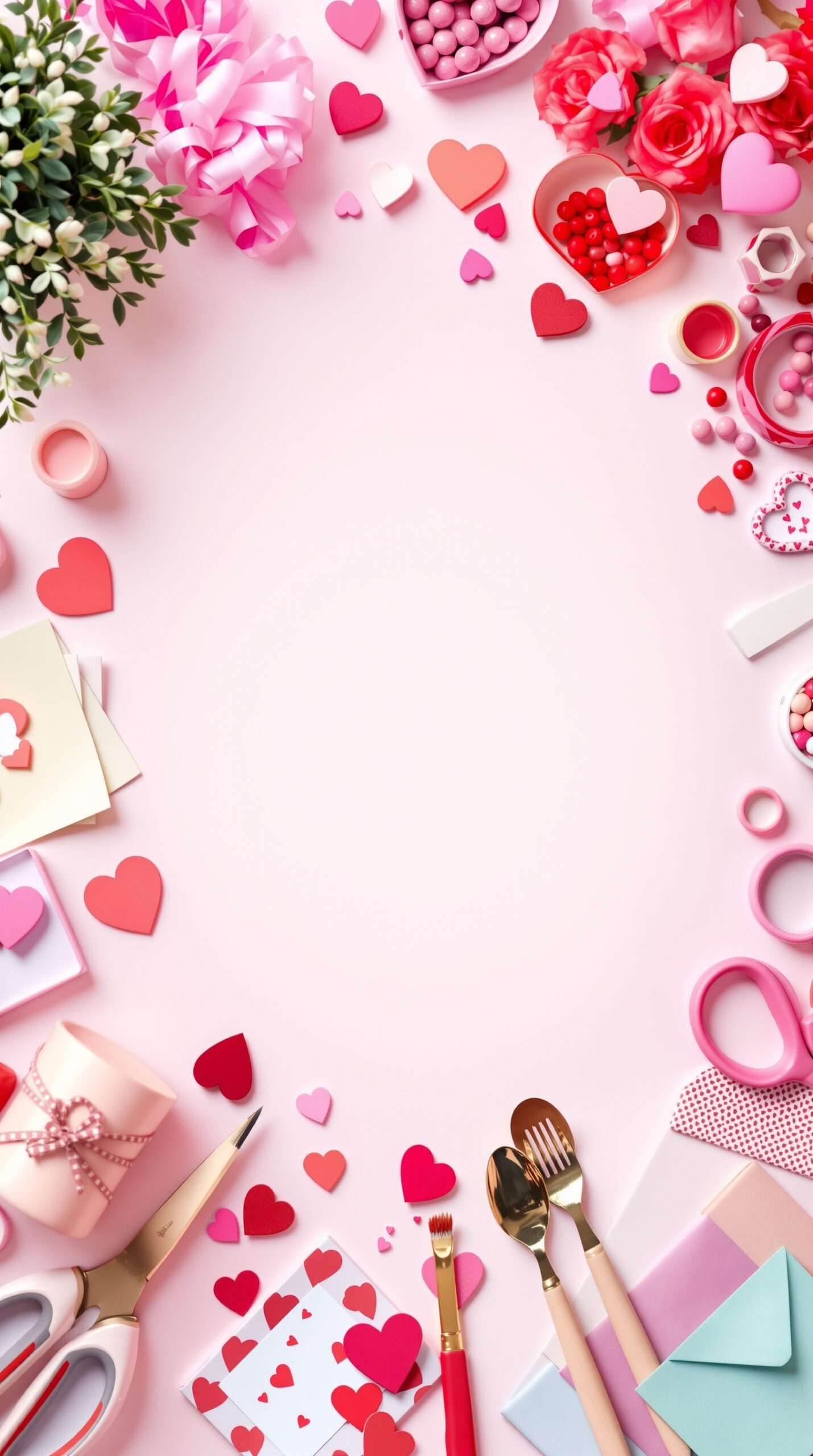 A colorful arrangement of Valentine's Day decorations including hearts, flowers, and crafting supplies on a pink background.