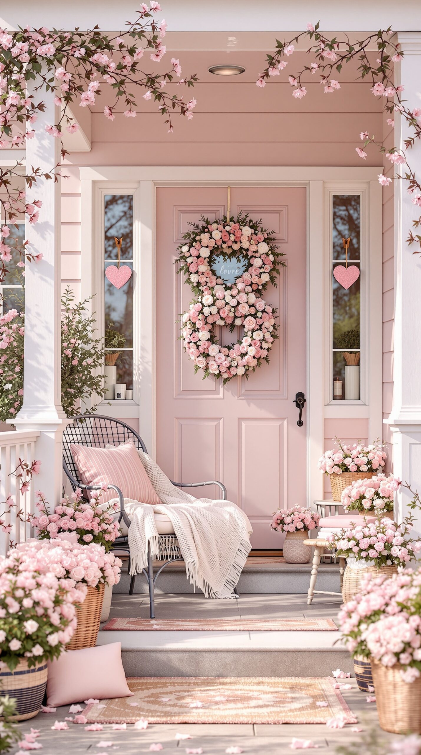 A beautifully decorated porch for Valentine's Day featuring blush and soft pastel tones, with flowers, a wreath, and cozy seating.