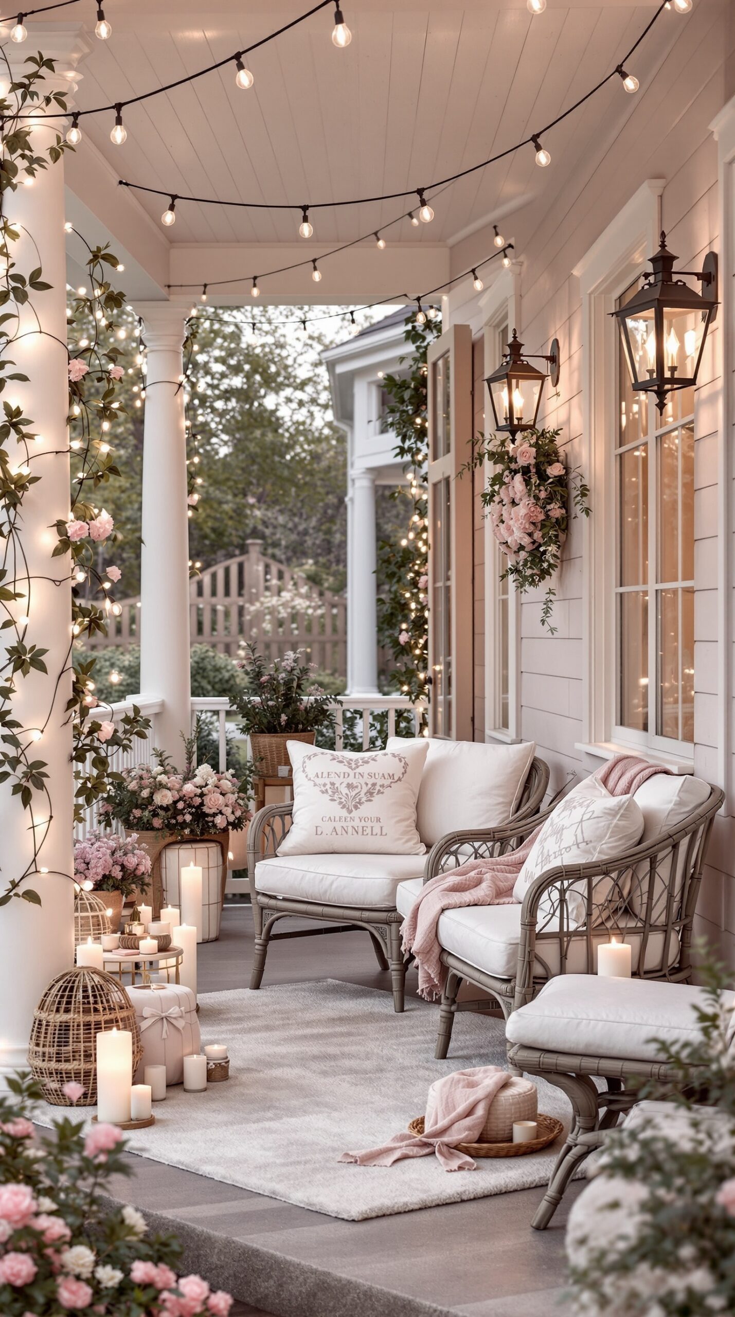 A beautifully decorated porch for Valentine's Day featuring neutral colors, soft lighting, and floral arrangements.