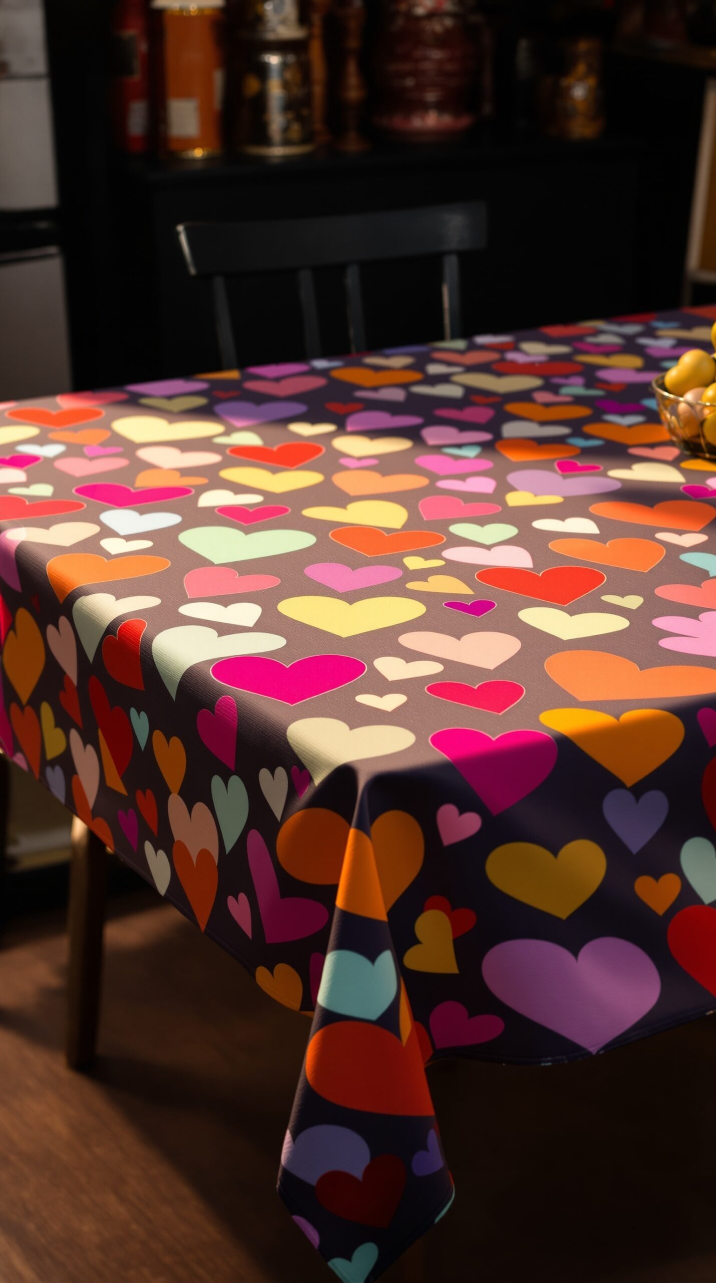A colorful tablecloth with hearts in various colors on a wooden table.