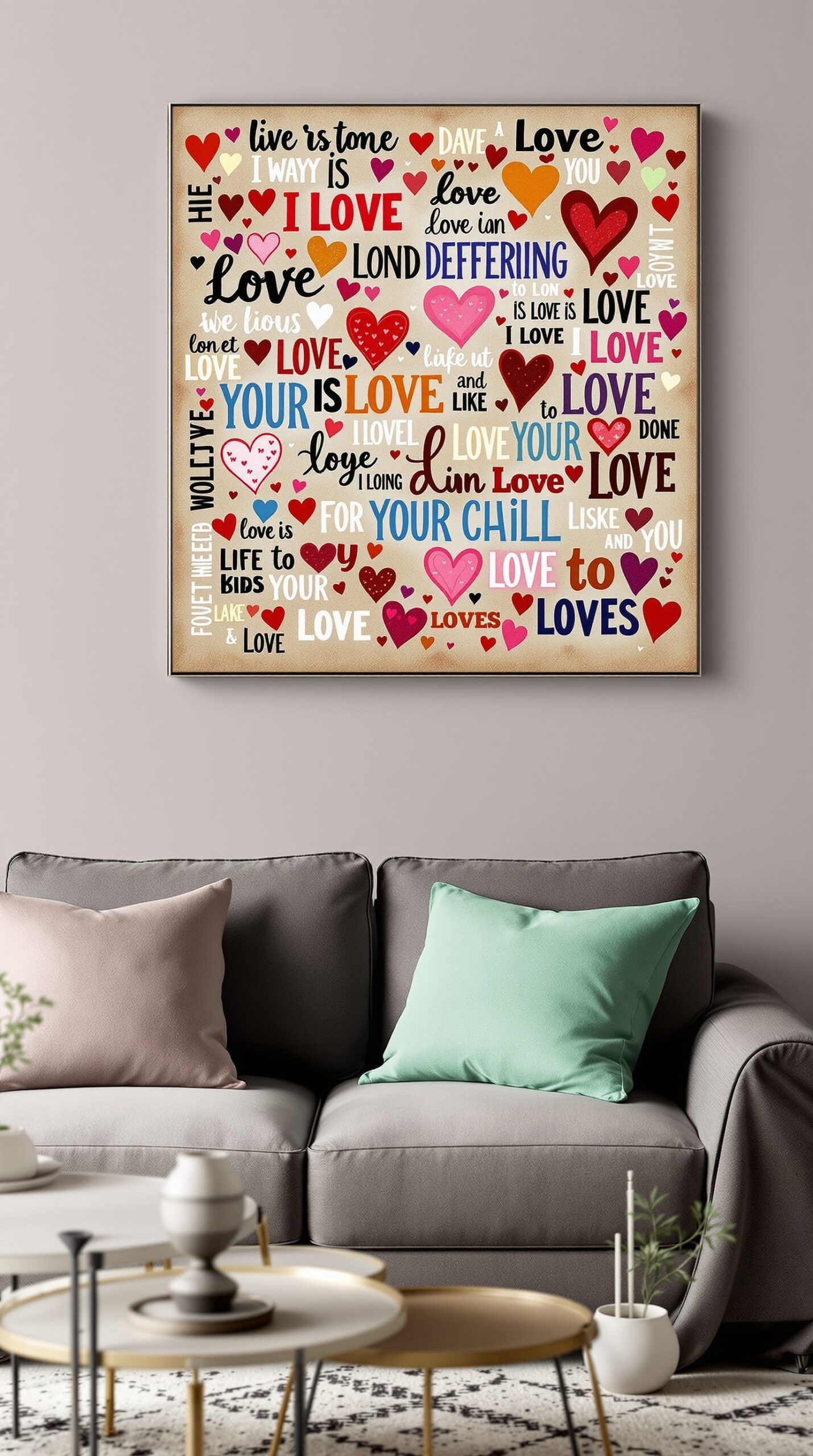 Colorful Valentine's Day wall art with hearts and love-themed words