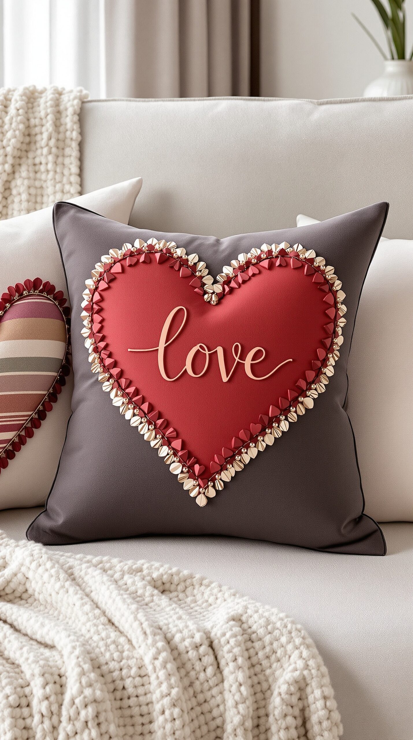 A heart-shaped pillow with the word 'love' on it, surrounded by a cozy blanket.