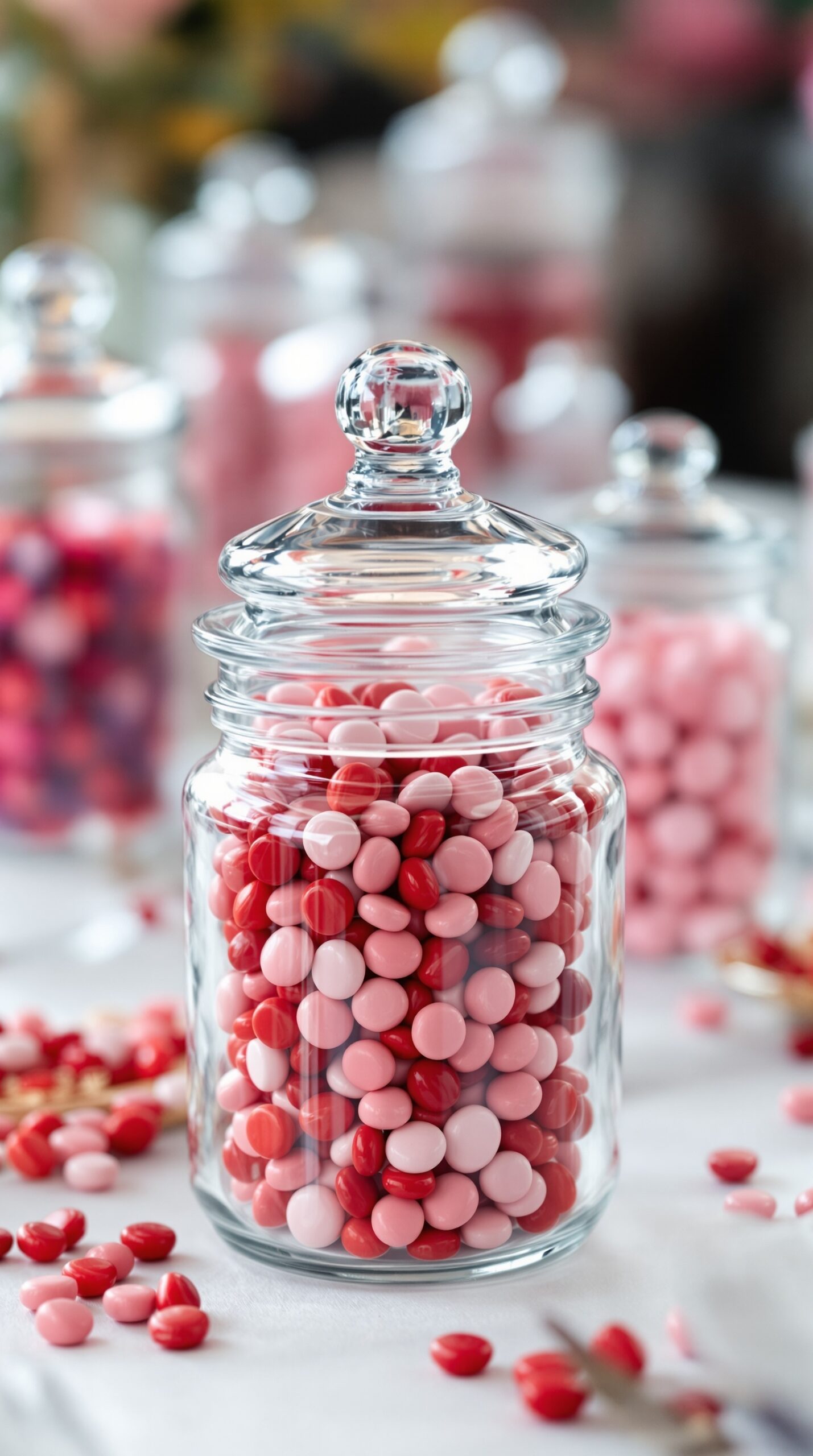 Glass jars filled with red and pink candies for Valentine's Day decor
