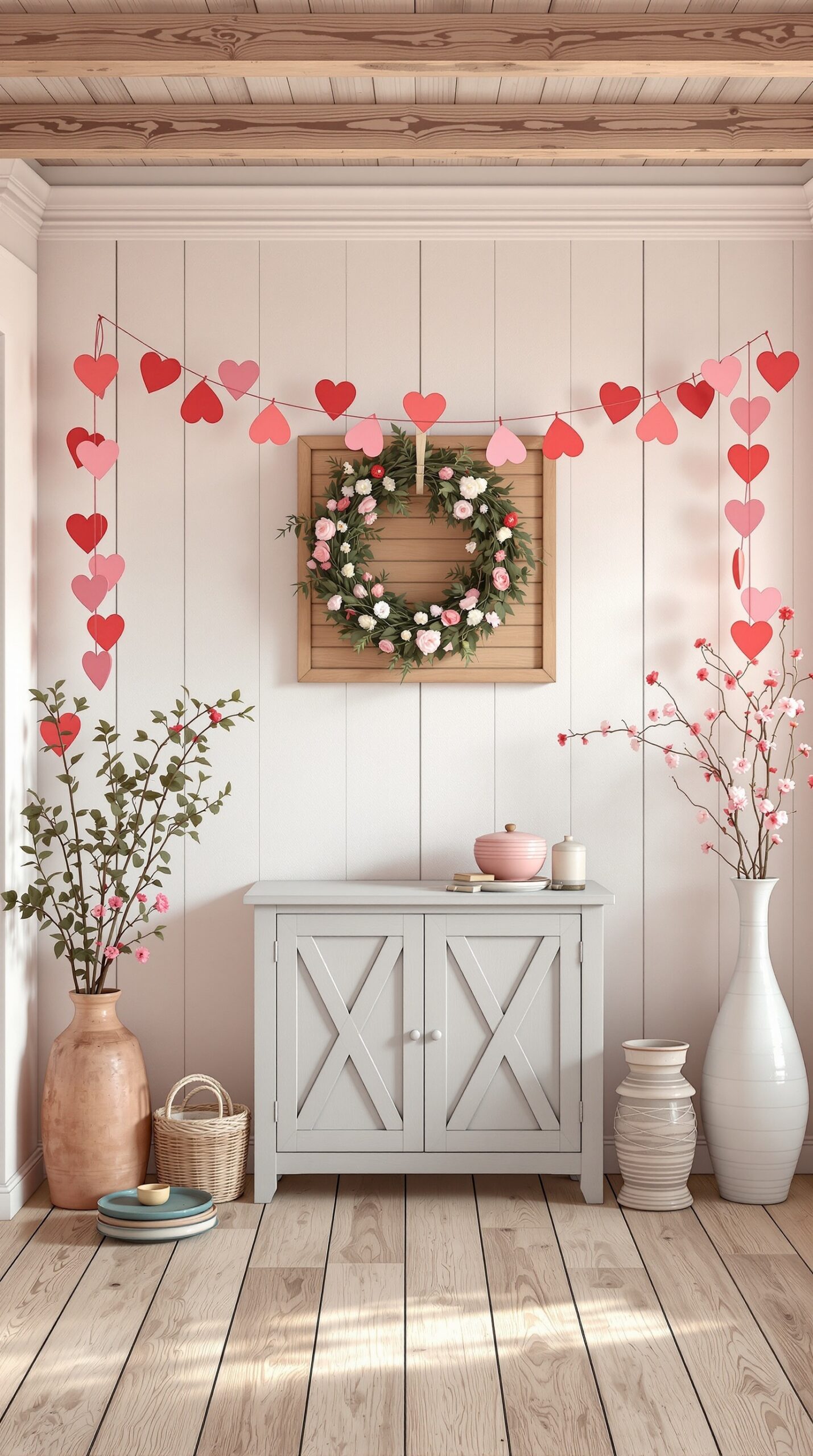 A cozy farmhouse interior featuring a heart garland made of red and pink paper hearts, a floral wreath, and rustic decor elements.