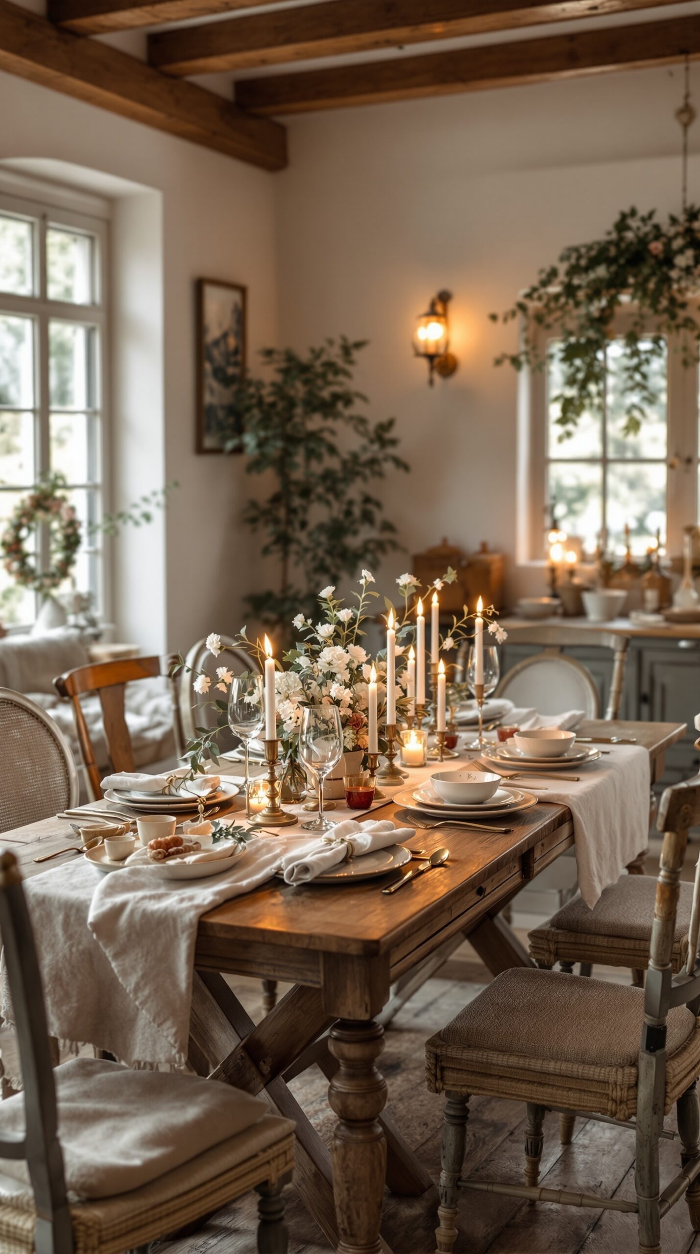 A beautifully set dining table with candles and flowers, embodying a French farmhouse style for Valentine's Day.