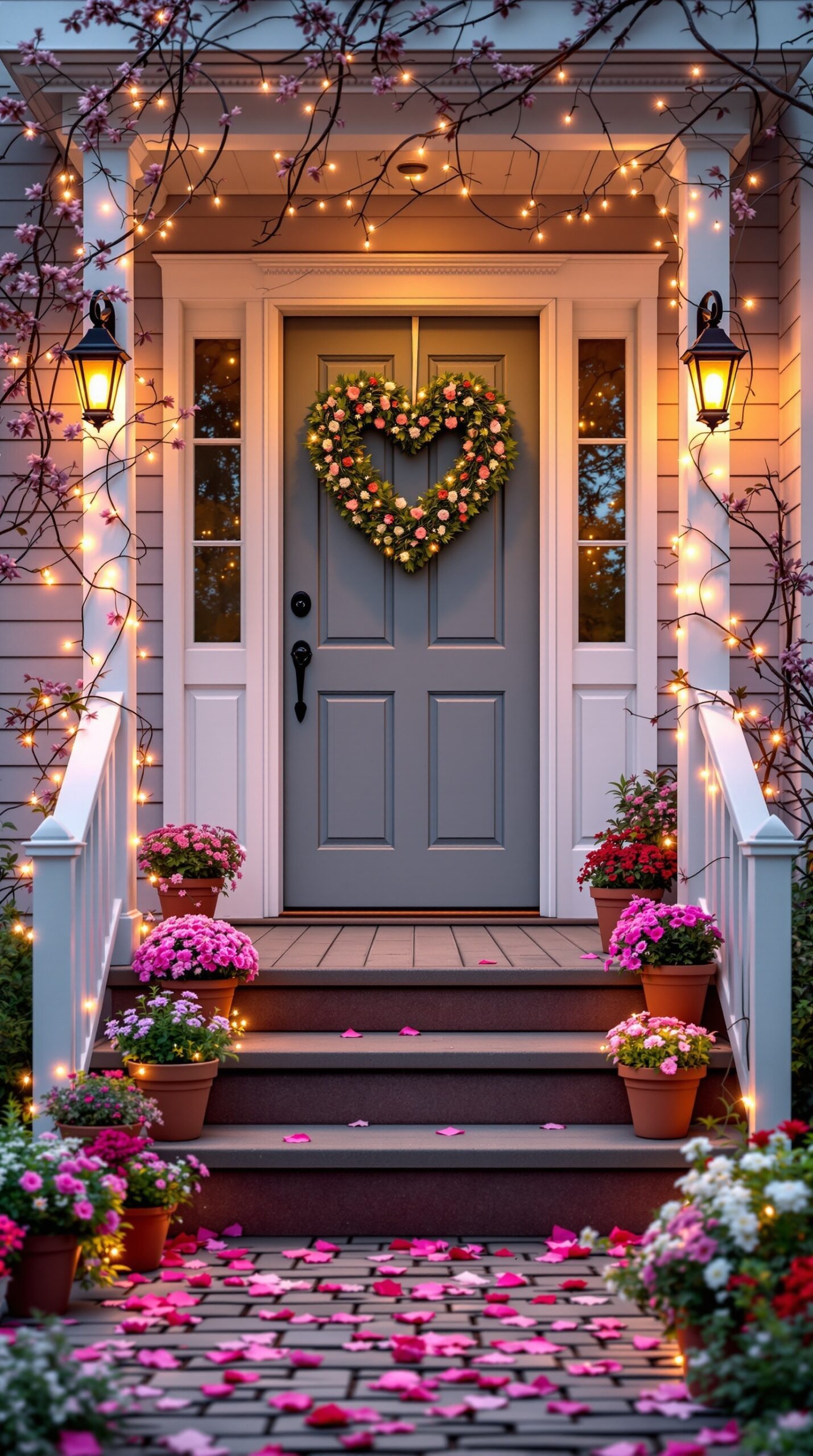 A beautifully decorated porch for Valentine's Day with a heart-shaped wreath, flowers, and lights.