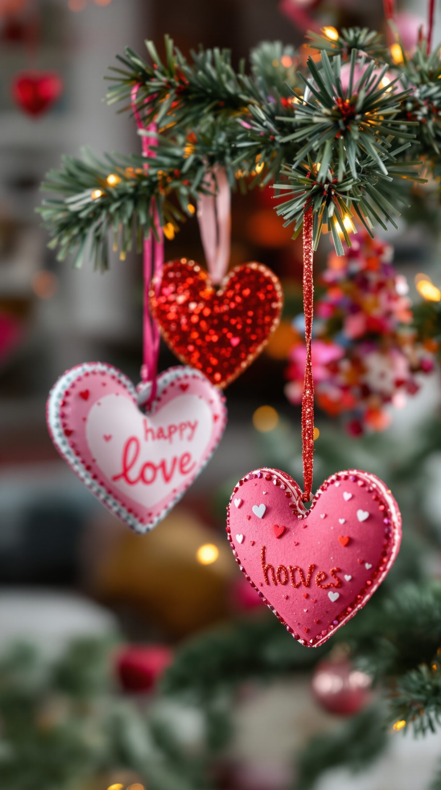 Colorful heart-shaped ornaments hanging from a Valentine tree, featuring messages like 'happy' and 'love'.