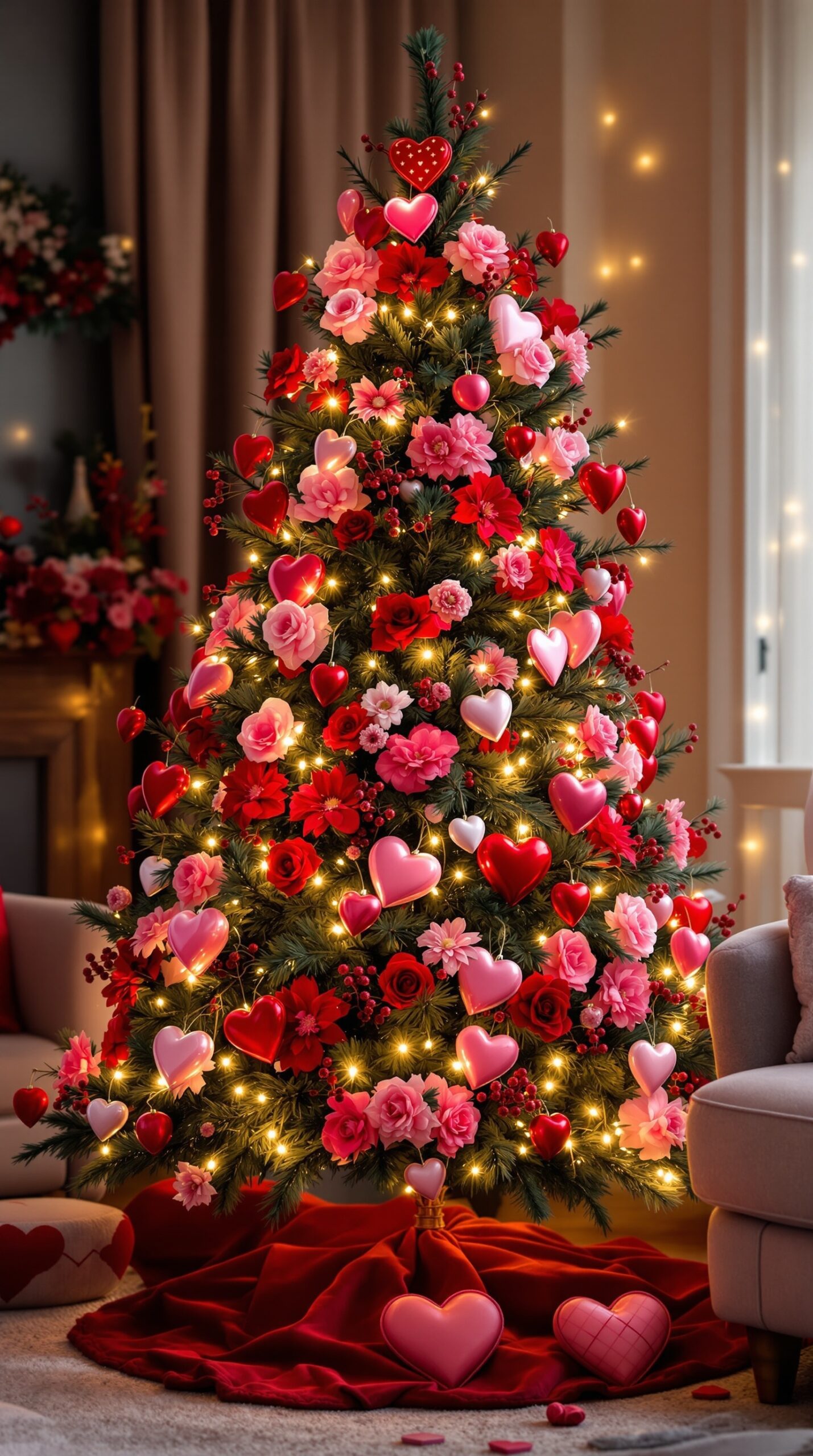 A beautifully decorated Valentine tree with flowers and heart ornaments.