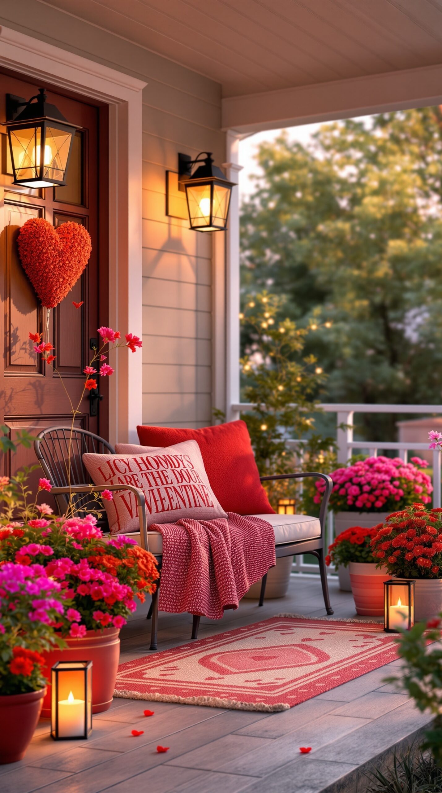 A beautifully decorated porch for Valentine's Day featuring flowers, cozy seating, and warm lighting.