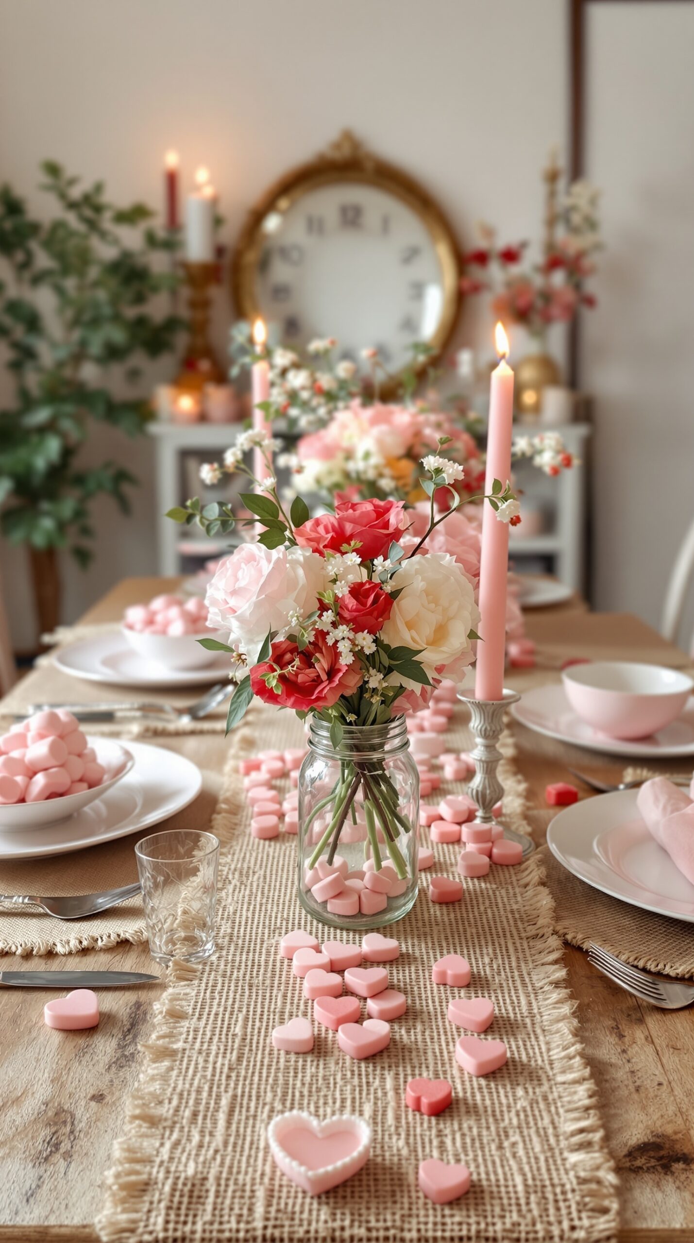 A beautifully decorated farmhouse table for Valentine's Day featuring pink and red flowers, heart-shaped candies, and pink candles.