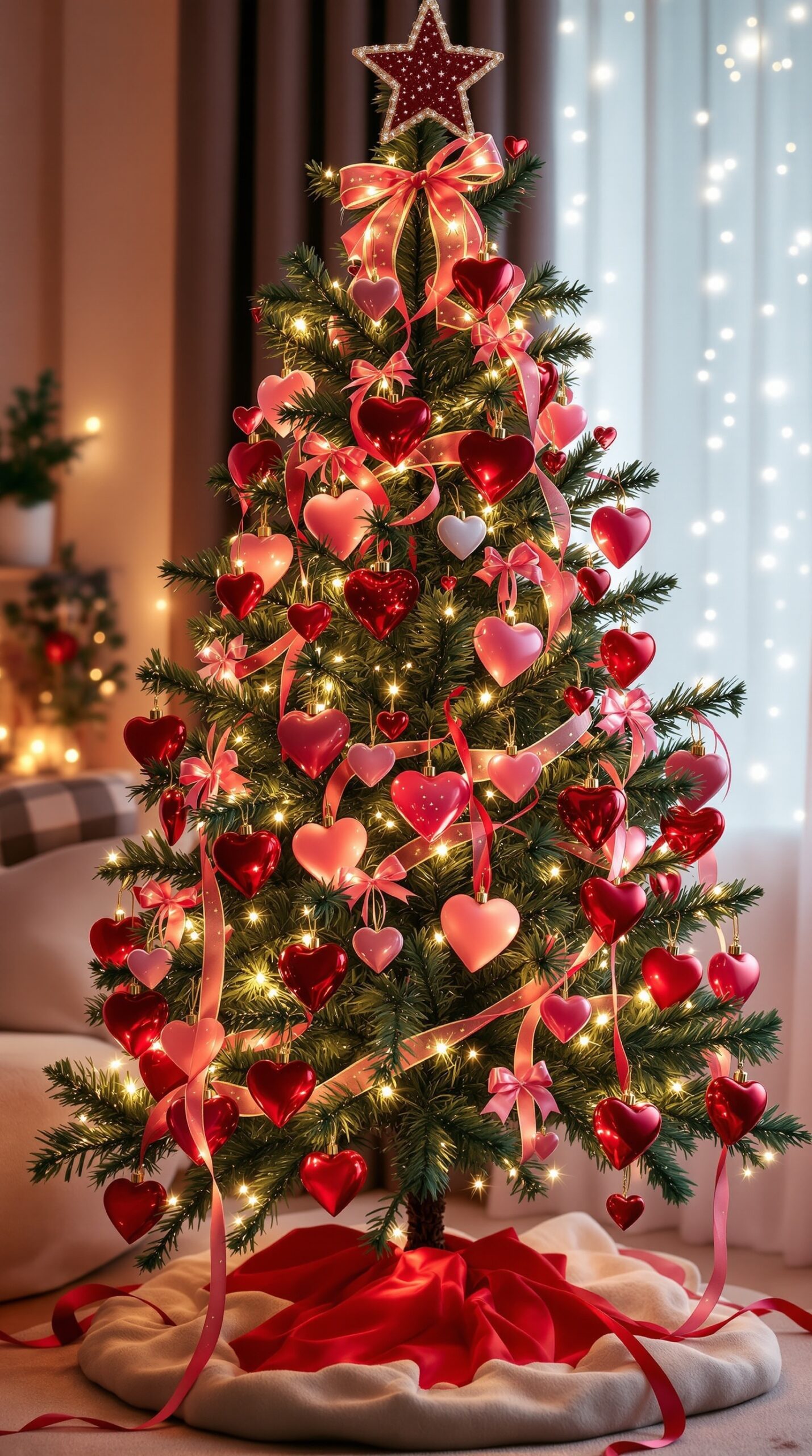 An artificial Valentine tree decorated with heart ornaments, ribbons, and lights.