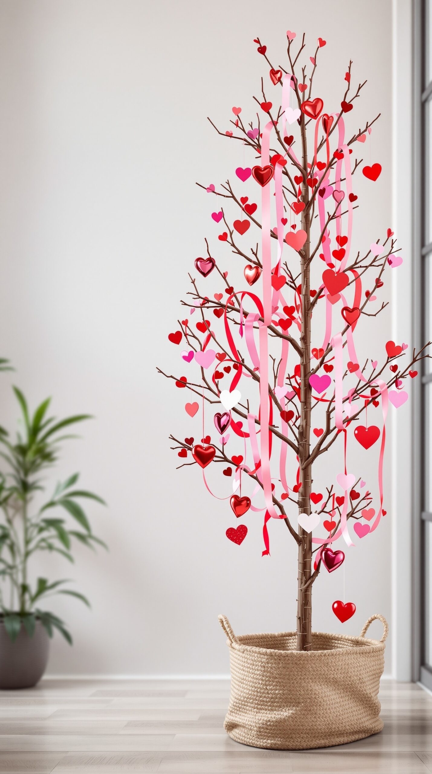 A Valentine tree decorated with heart ornaments and ribbons in a cozy office setting.