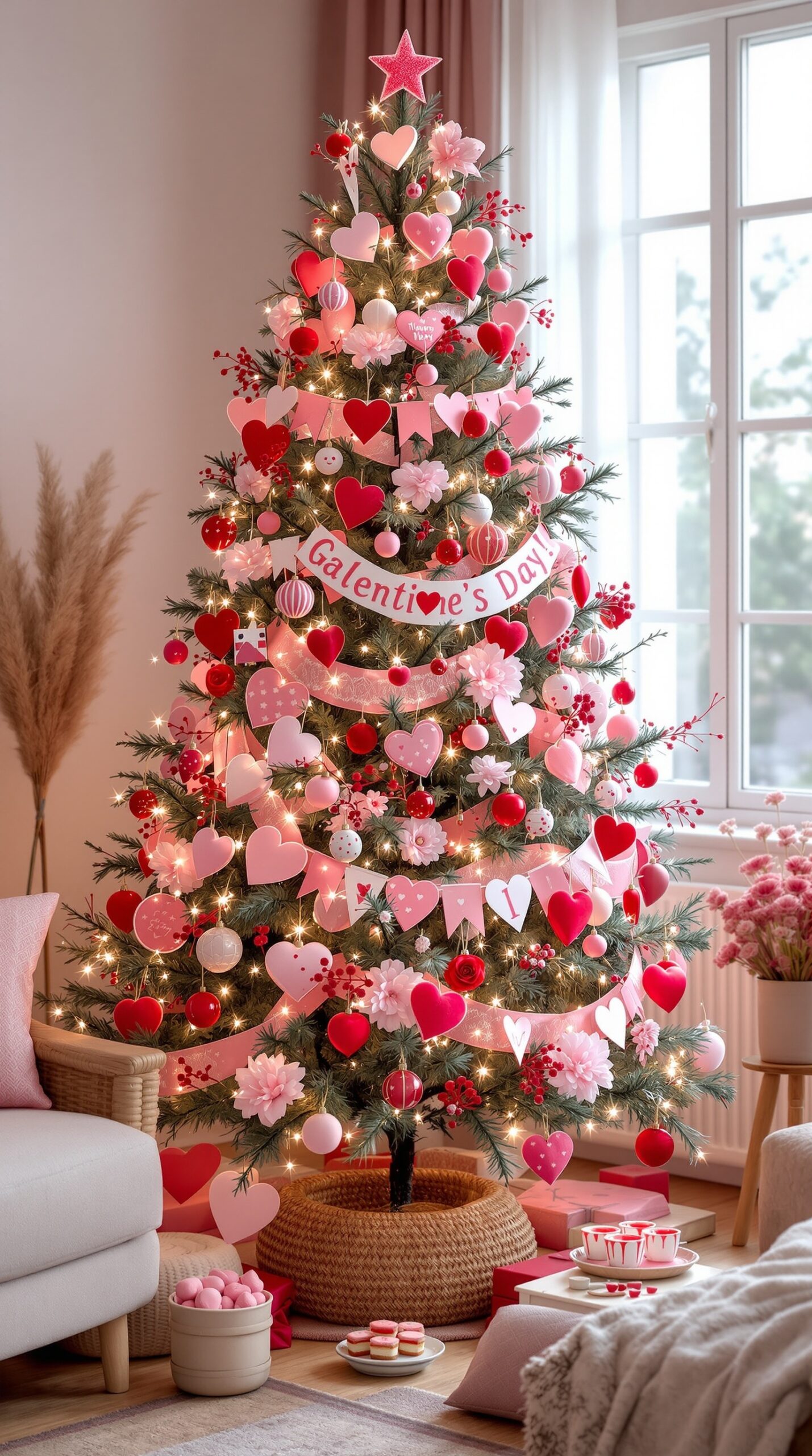 A beautifully decorated Galentine's Day tree with heart ornaments, pink and red colors, and festive decorations.