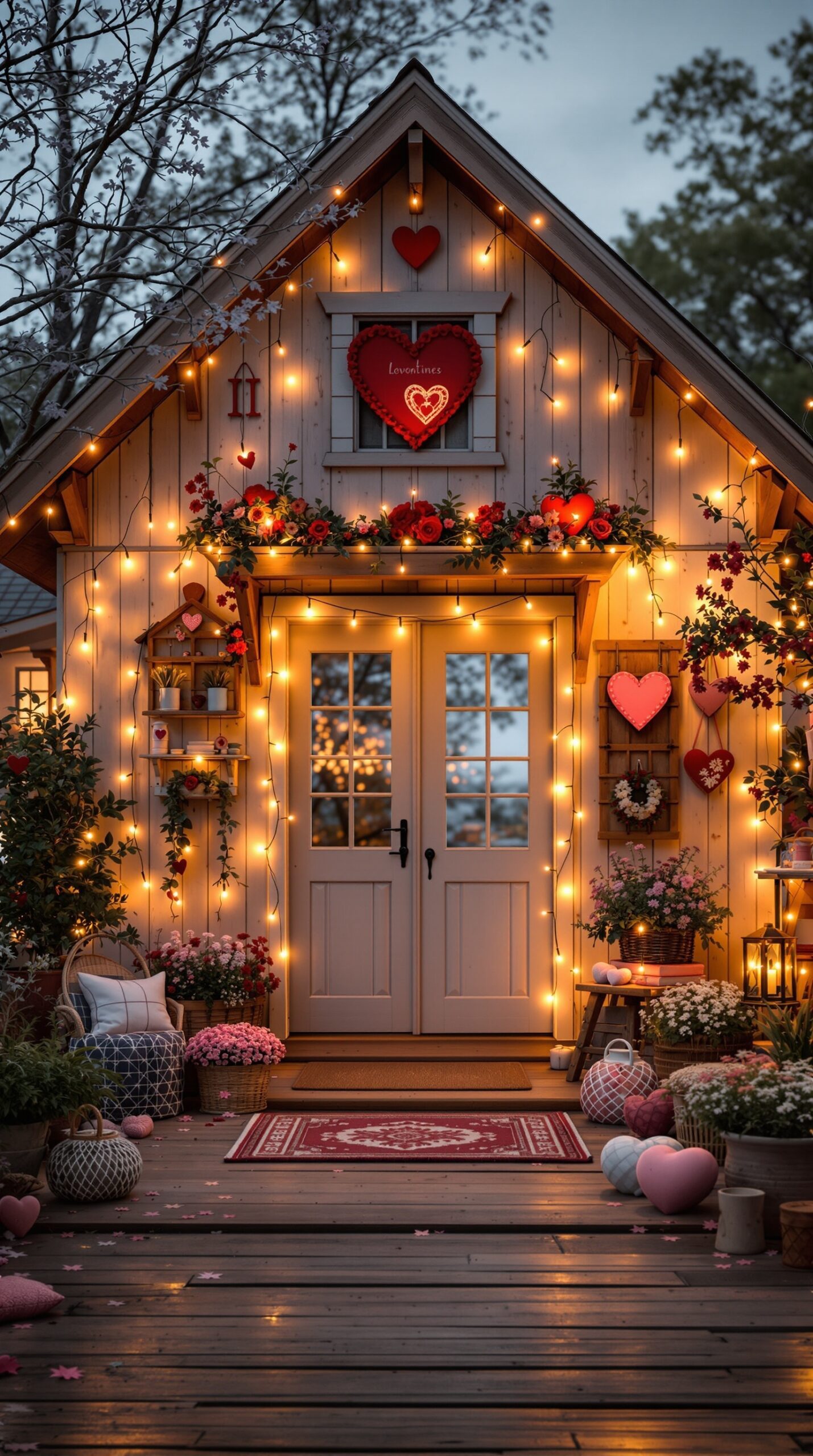 A cozy farmhouse entrance decorated with string lights and Valentine's Day decorations.