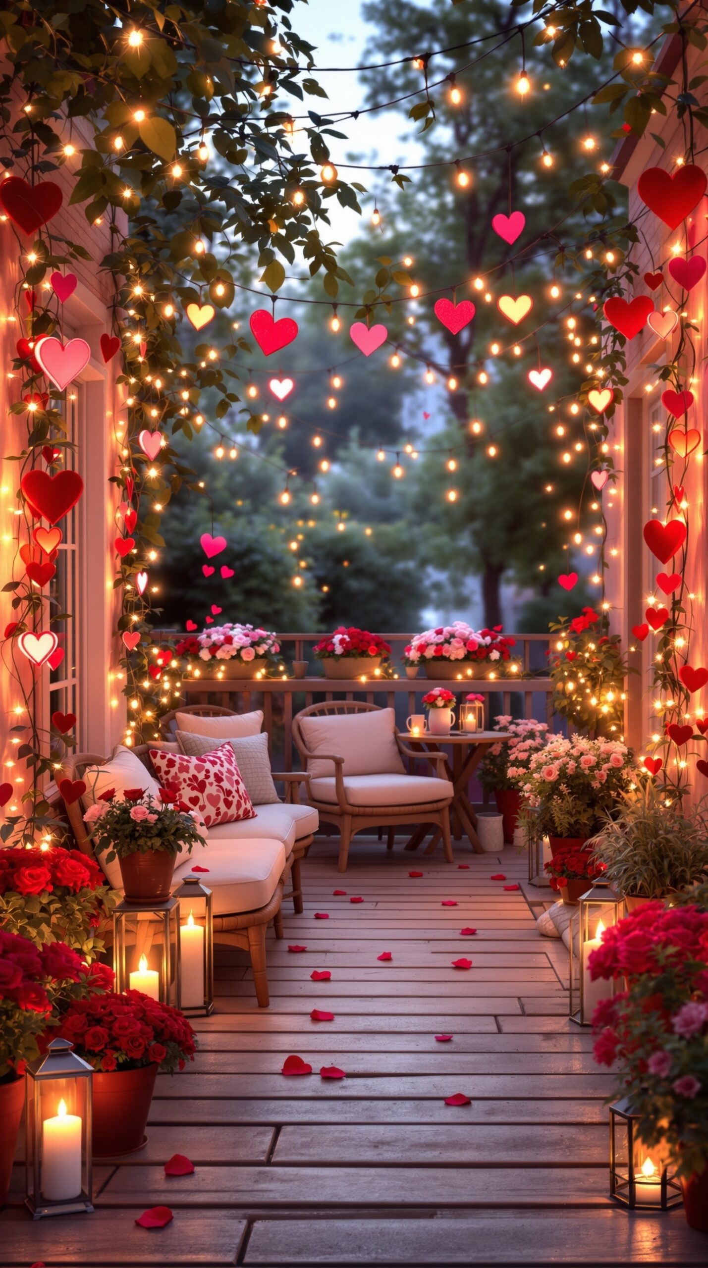 A beautifully decorated porch for Valentine's Day, featuring heart decorations, flowers, and warm lighting.