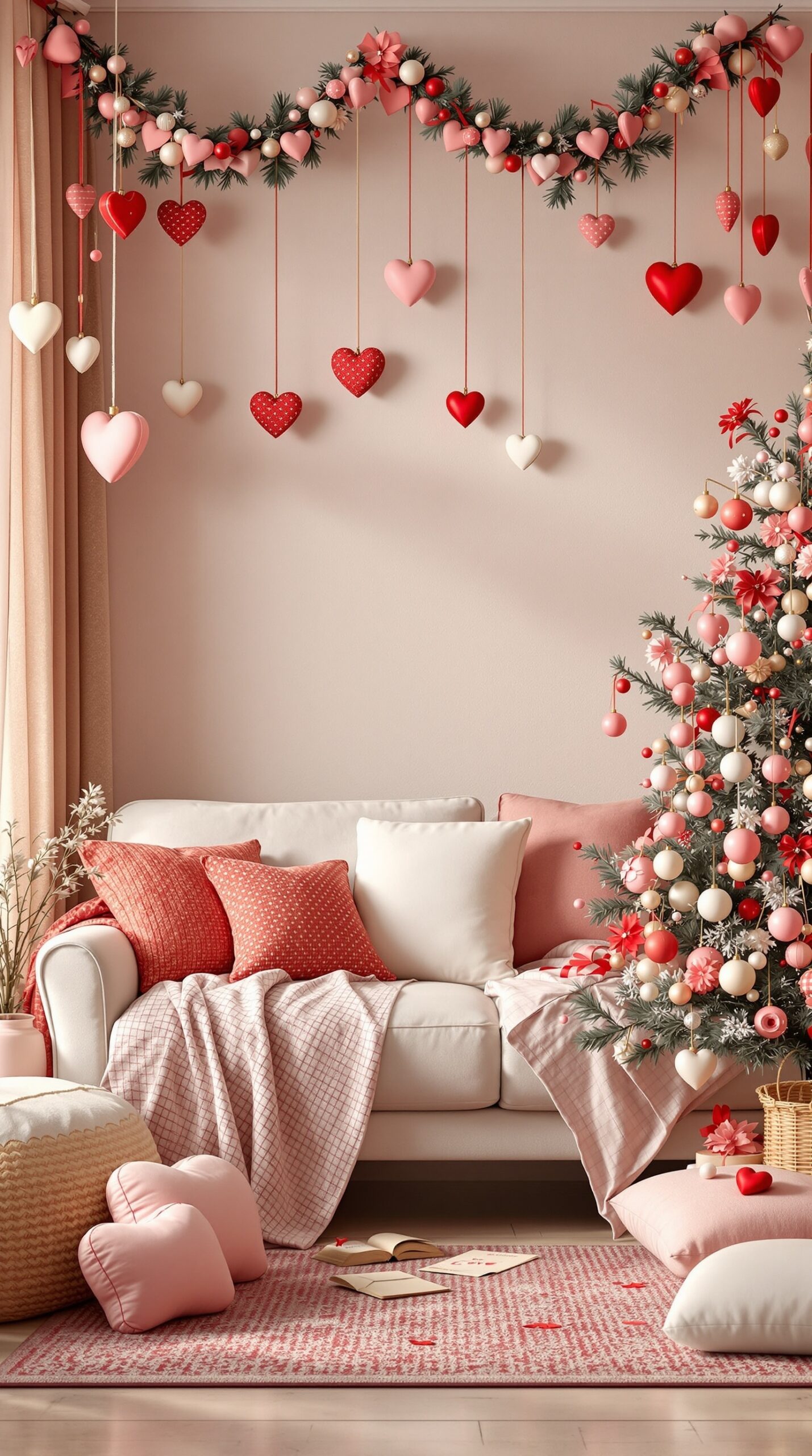 A cozy living room decorated for Valentine's Day with a tree adorned with heart ornaments and pastel colors.