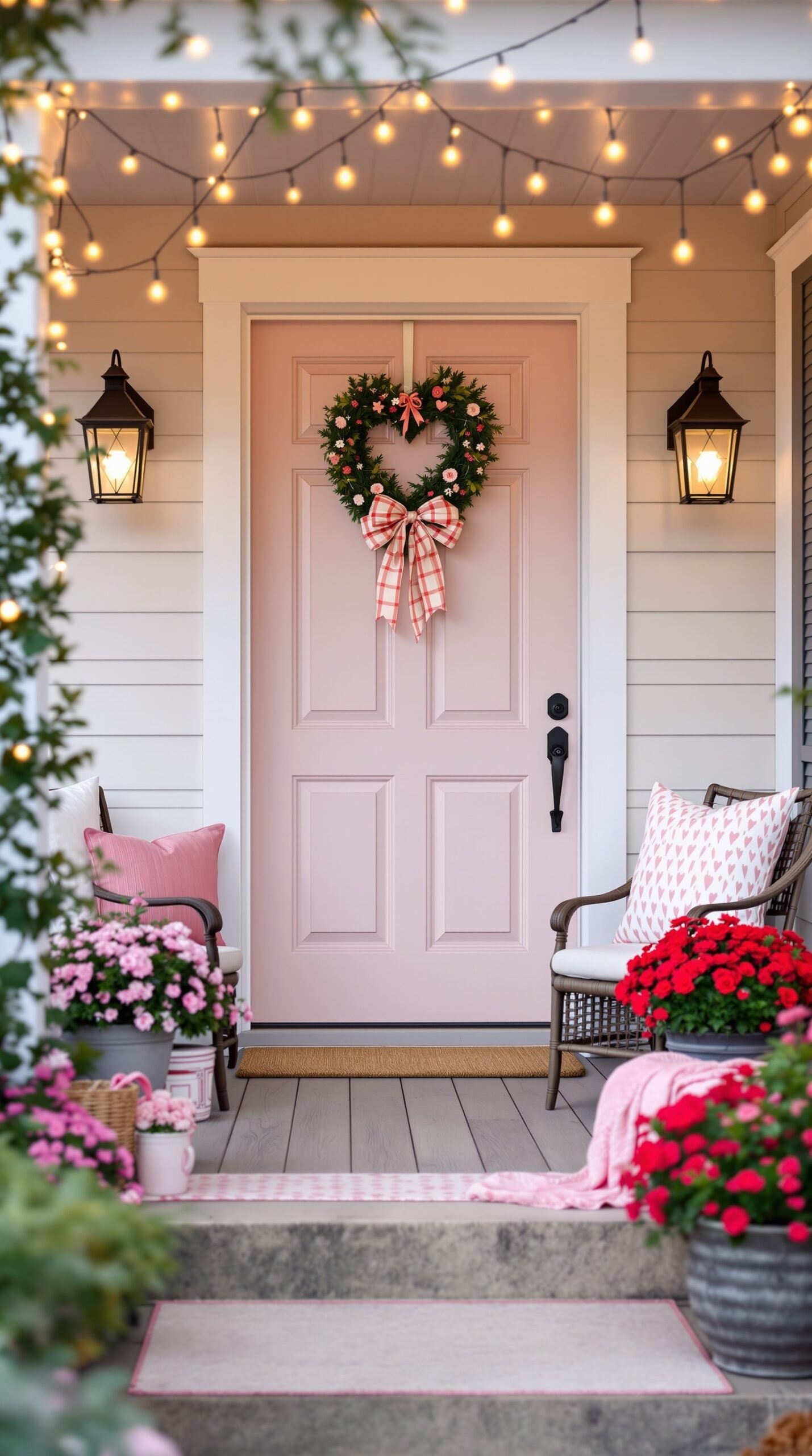 A beautifully decorated front porch for Valentine's Day featuring a heart-shaped wreath, pink accents, and vibrant flowers.
