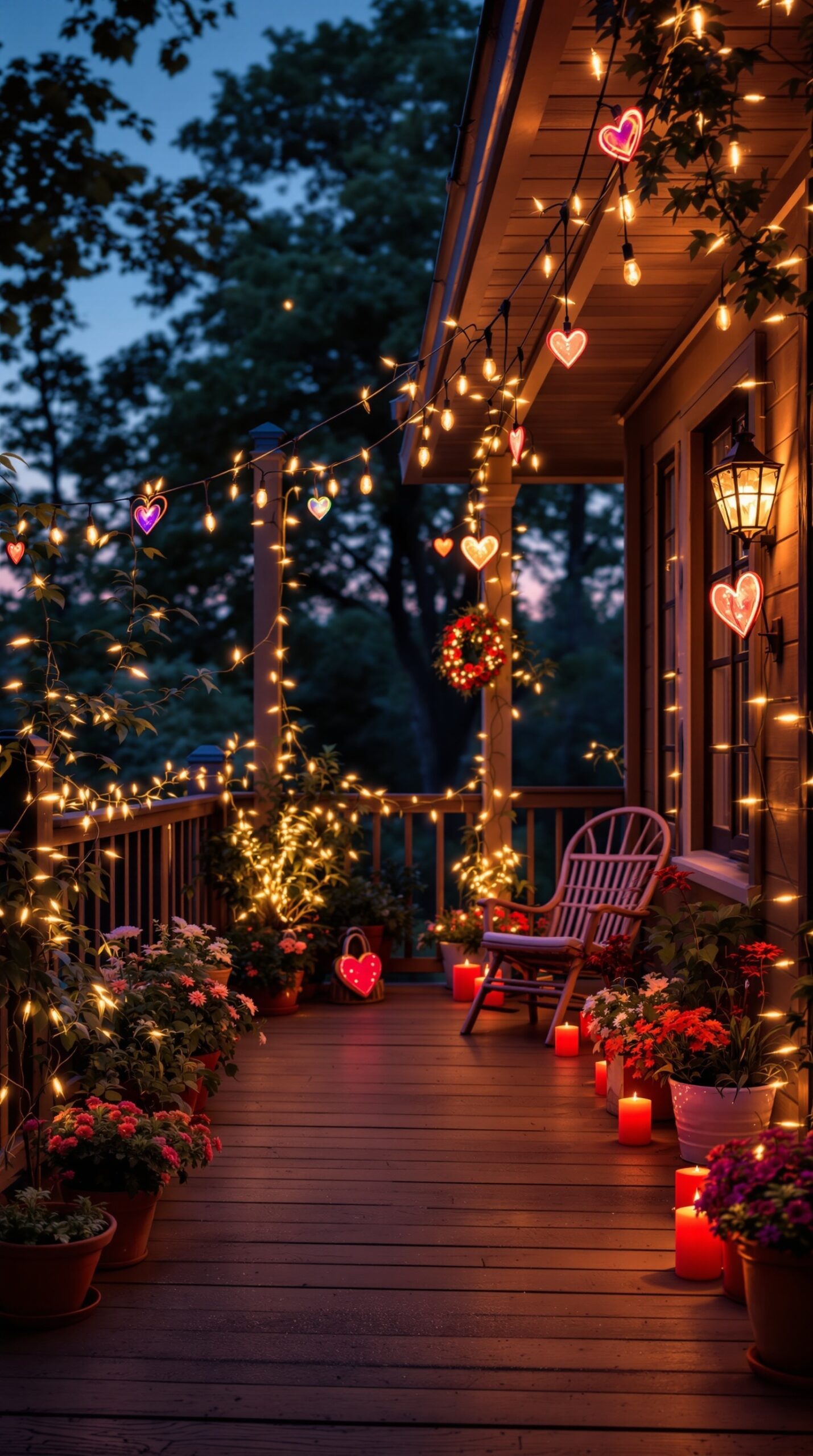 A beautifully decorated porch with fairy lights and heart-shaped string lights, creating a romantic atmosphere for Valentine's Day.