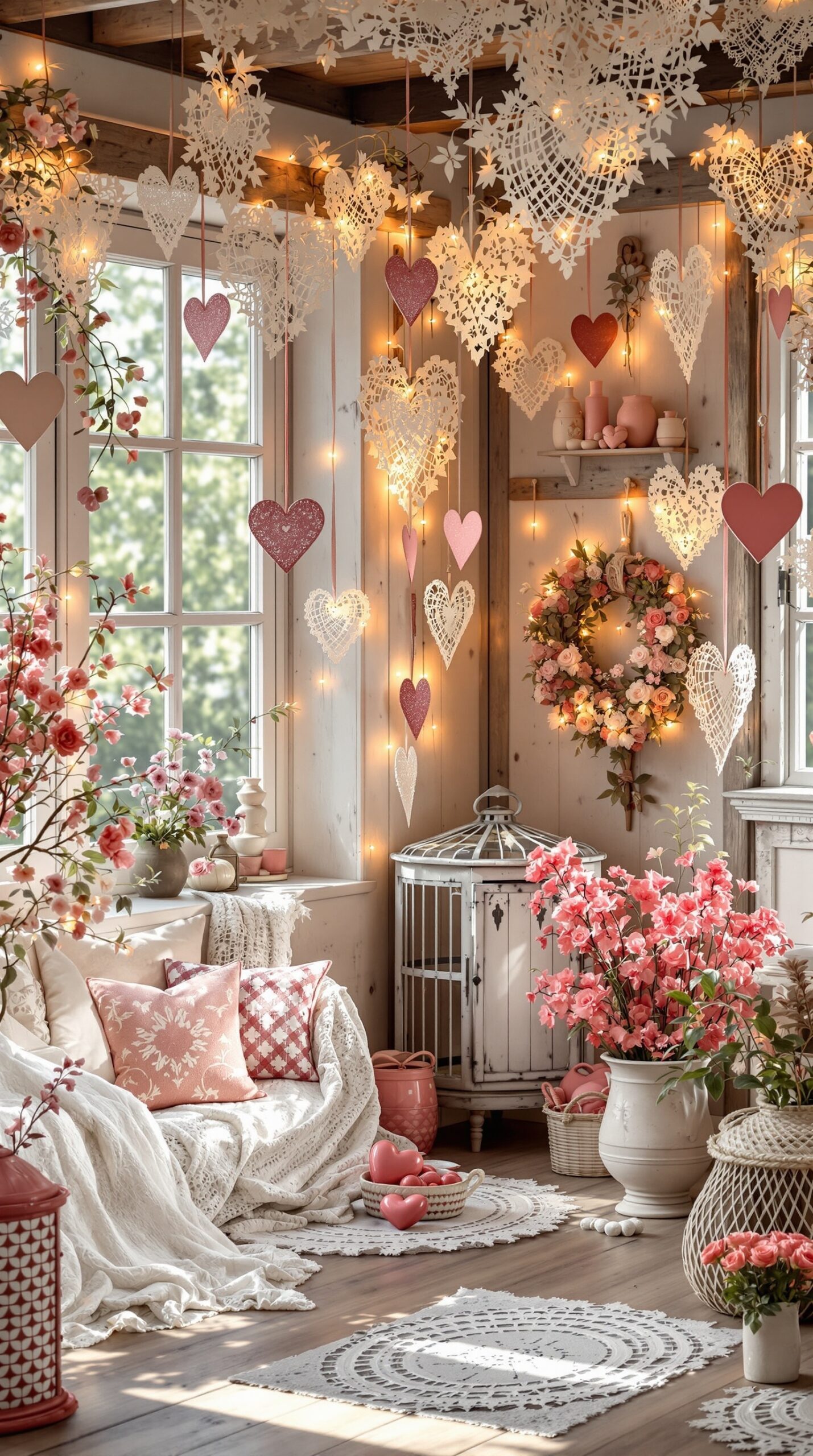 A cozy room decorated with lace hearts and flowers for Valentine's Day