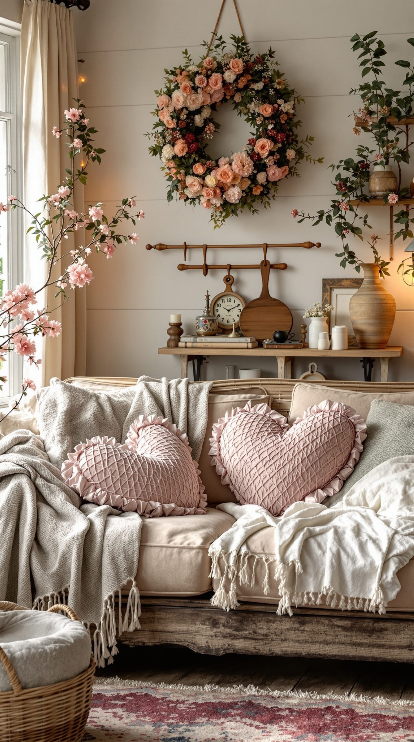 Cozy living room with heart-shaped pillow covers on a sofa, decorated for Valentine's Day